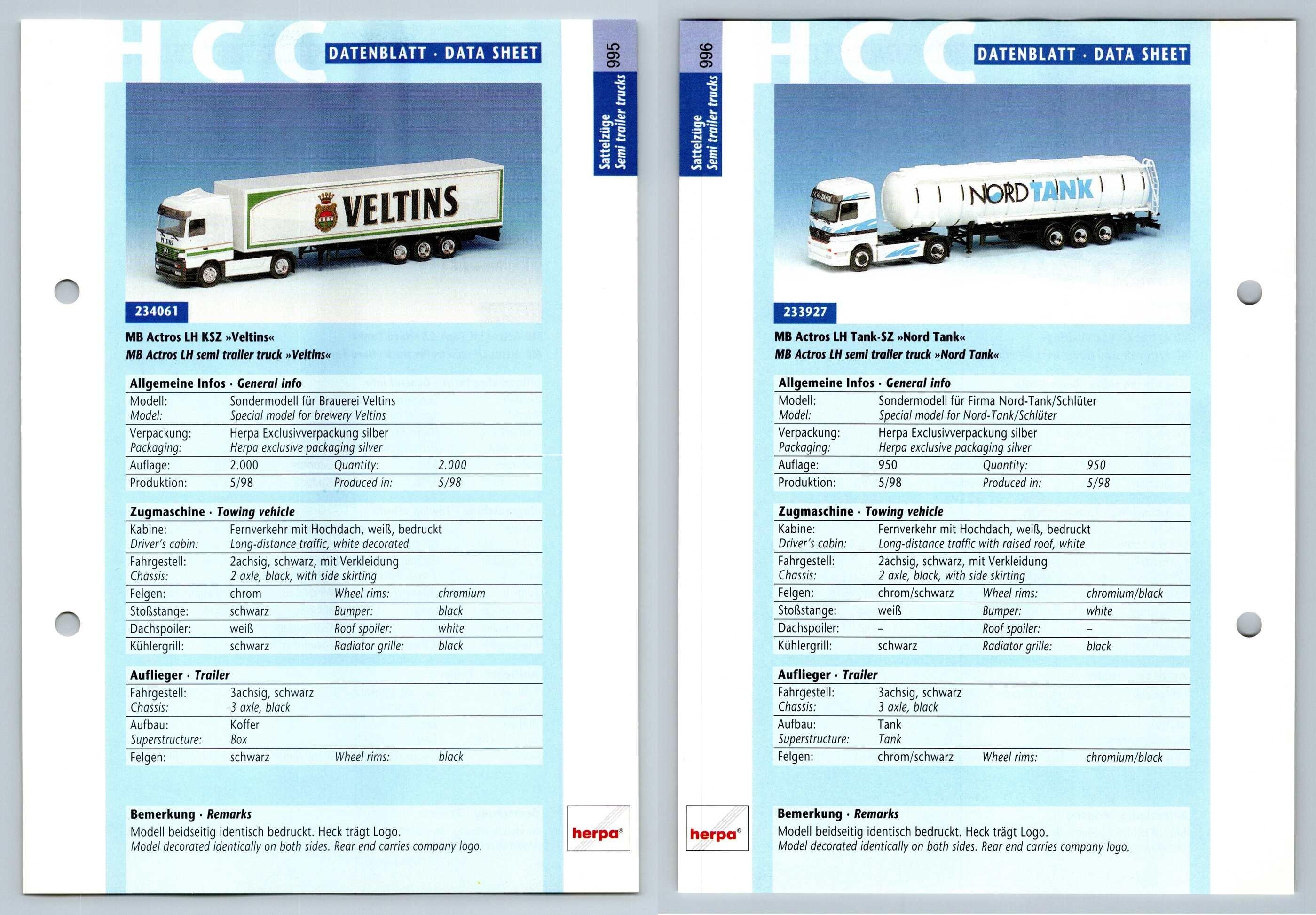 Mb Actros Lh Veltins Nord Tank 995 6 Sattelzuge Datenblatt Herpa