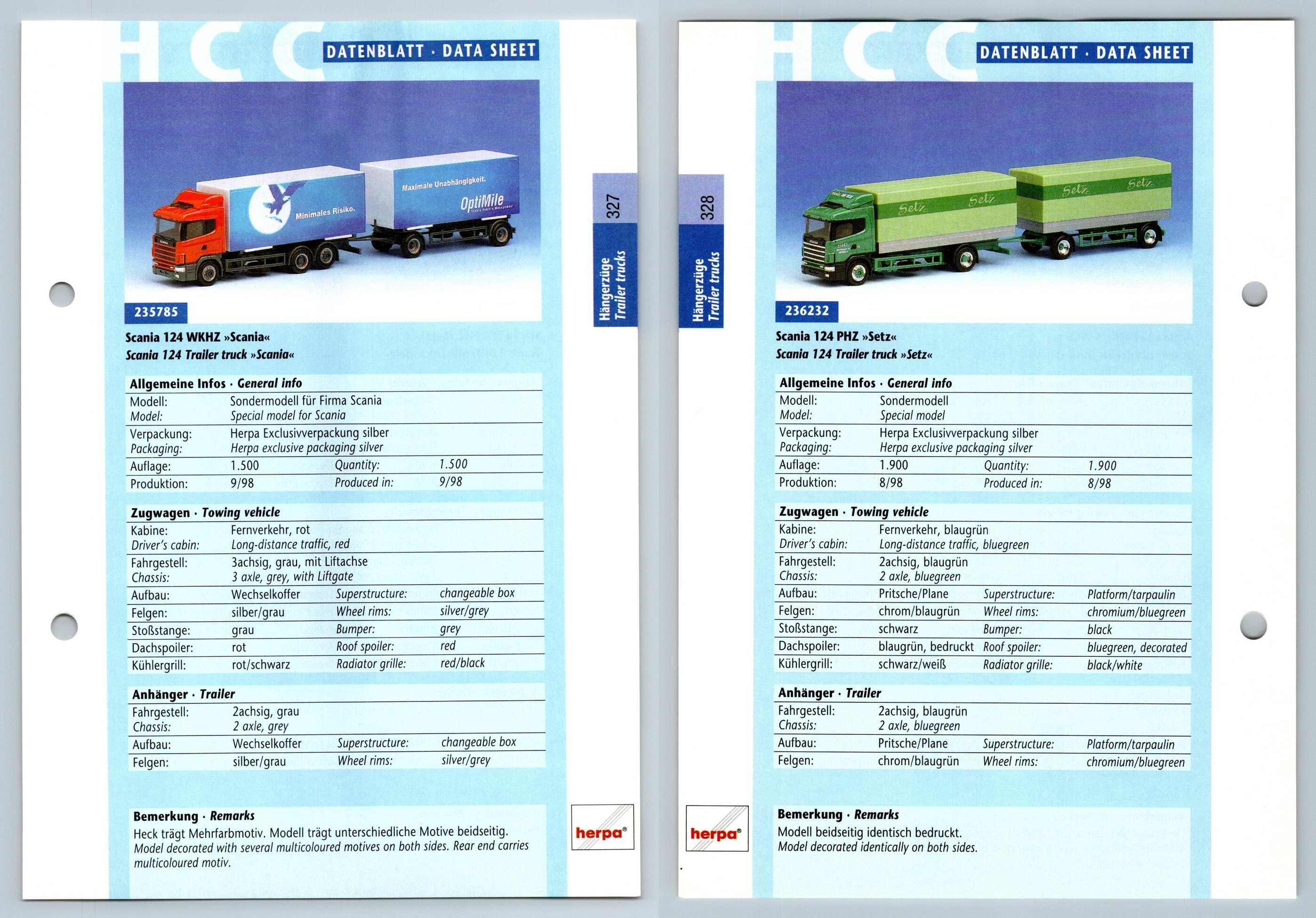 Scania 124 Wkhz Phz 327 8 Hangerzuge Datenblatt Herpa Data Sheet