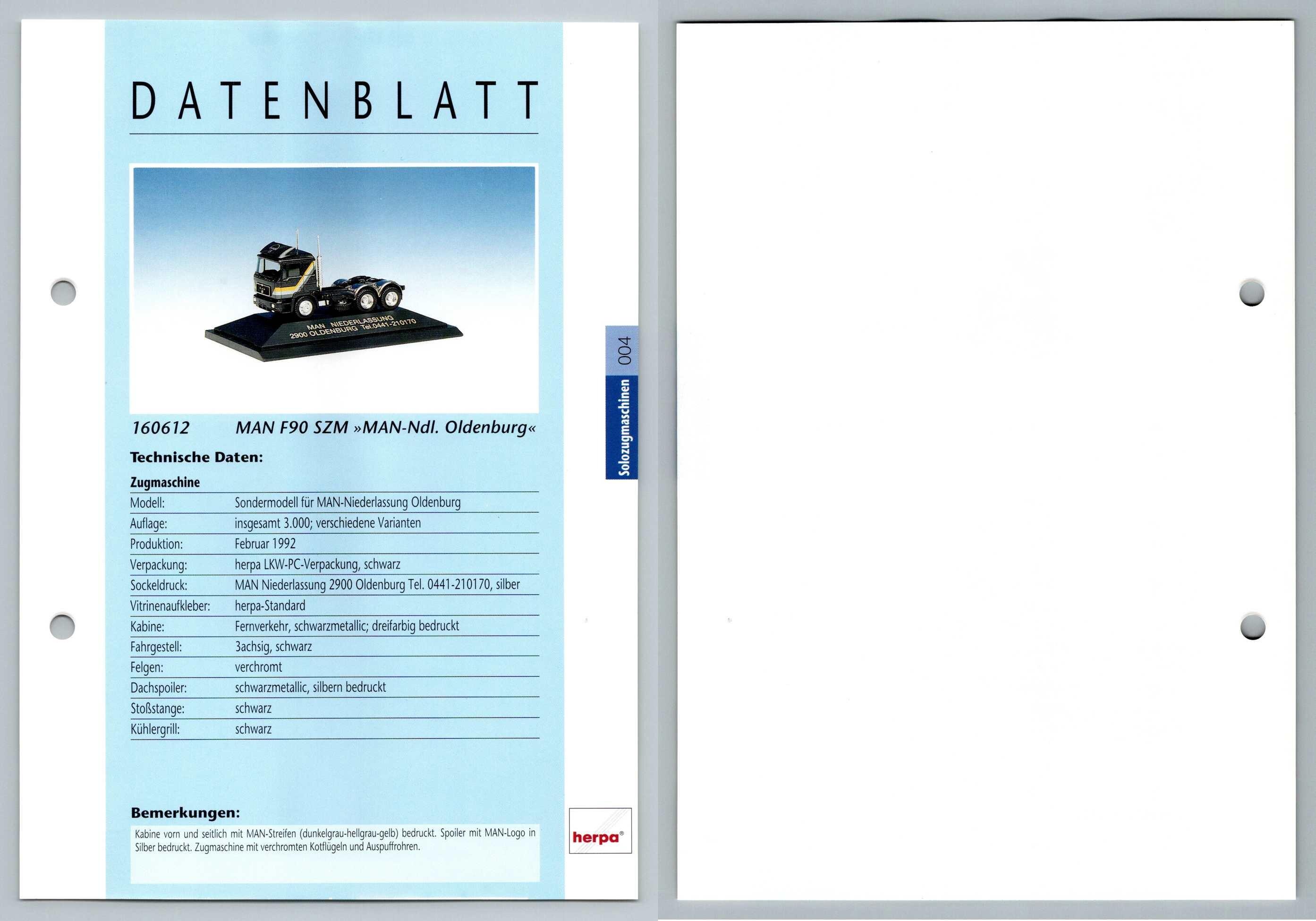 Man F90 Szm 4 Solozugmaschinen Datenblatt Herpa Data Sheet