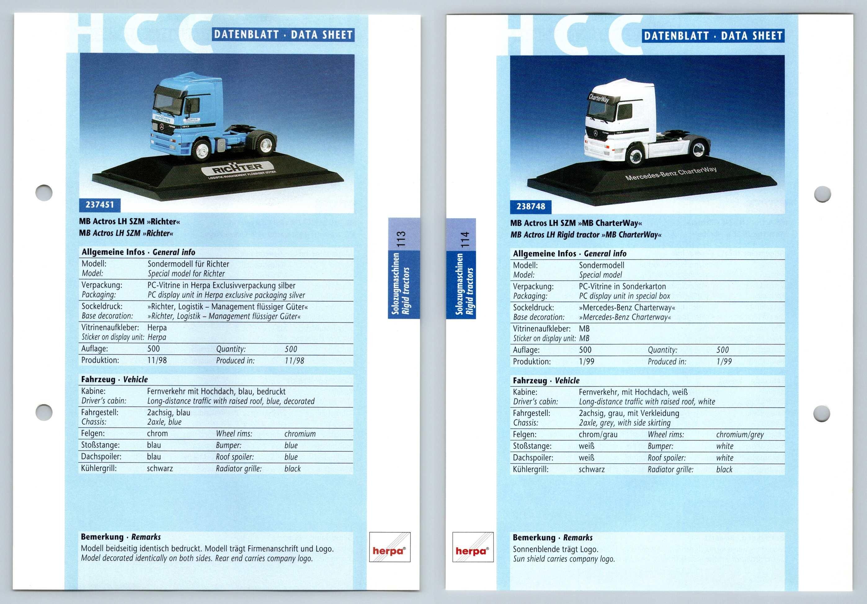 Mb Actros Lh Szm 113 4 Solozugmaschinen Datenblatt Herpa Data Sheet