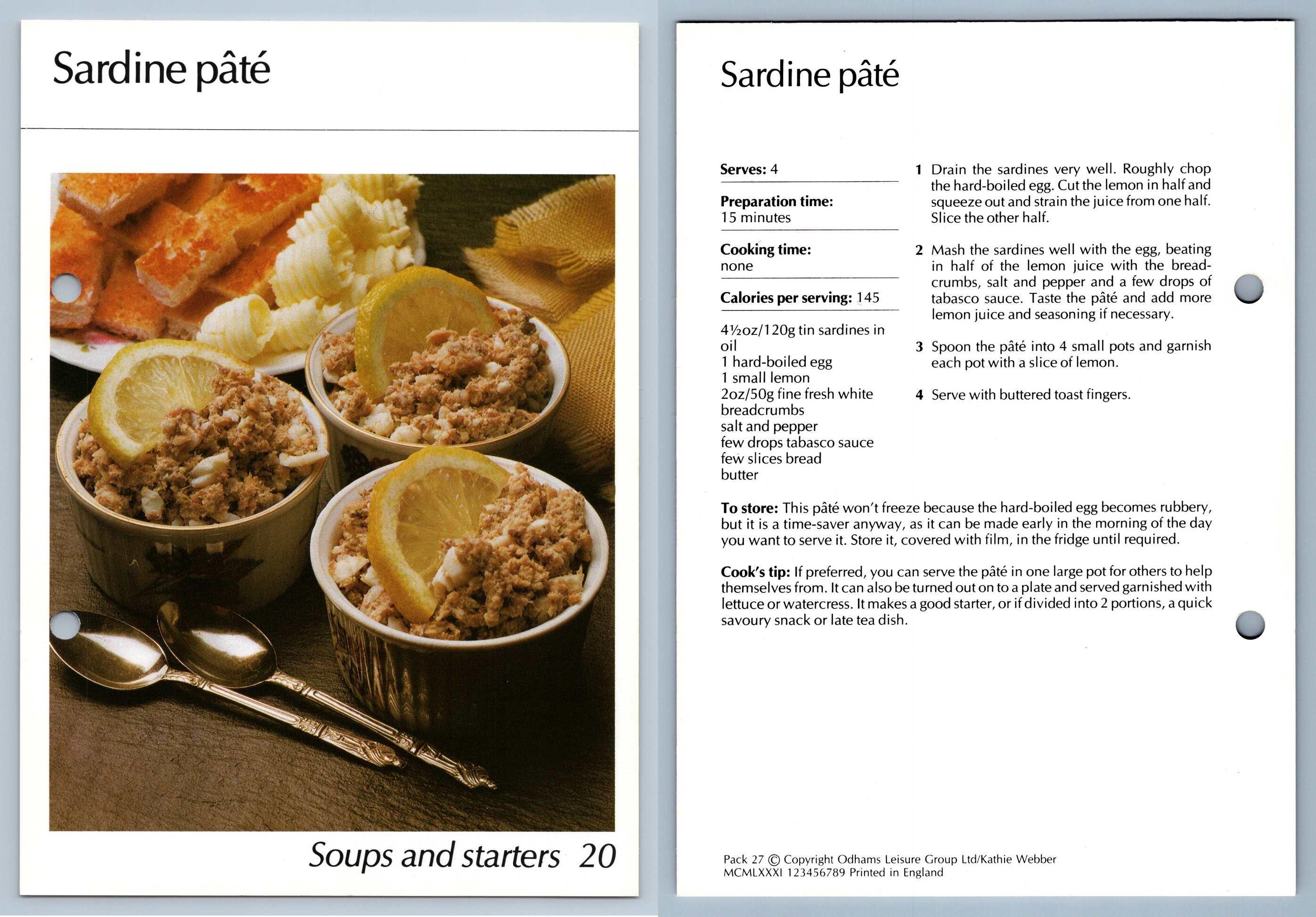 Sardine Pate 20 Soups & Starters Hamlyn AllColour Cookery Card