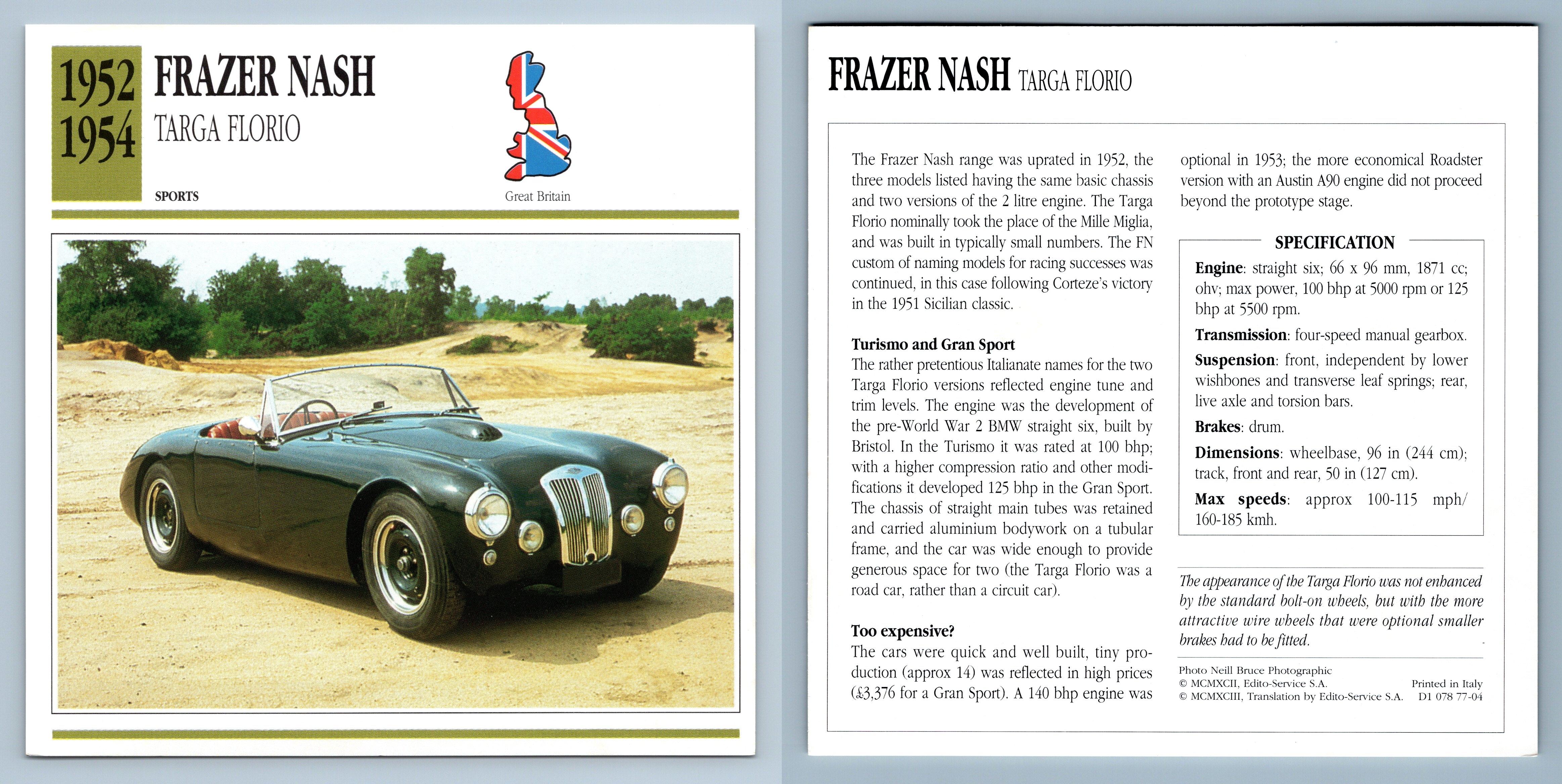 Frazer Nash Targa Florio 195254 Sports Collectors Club Card