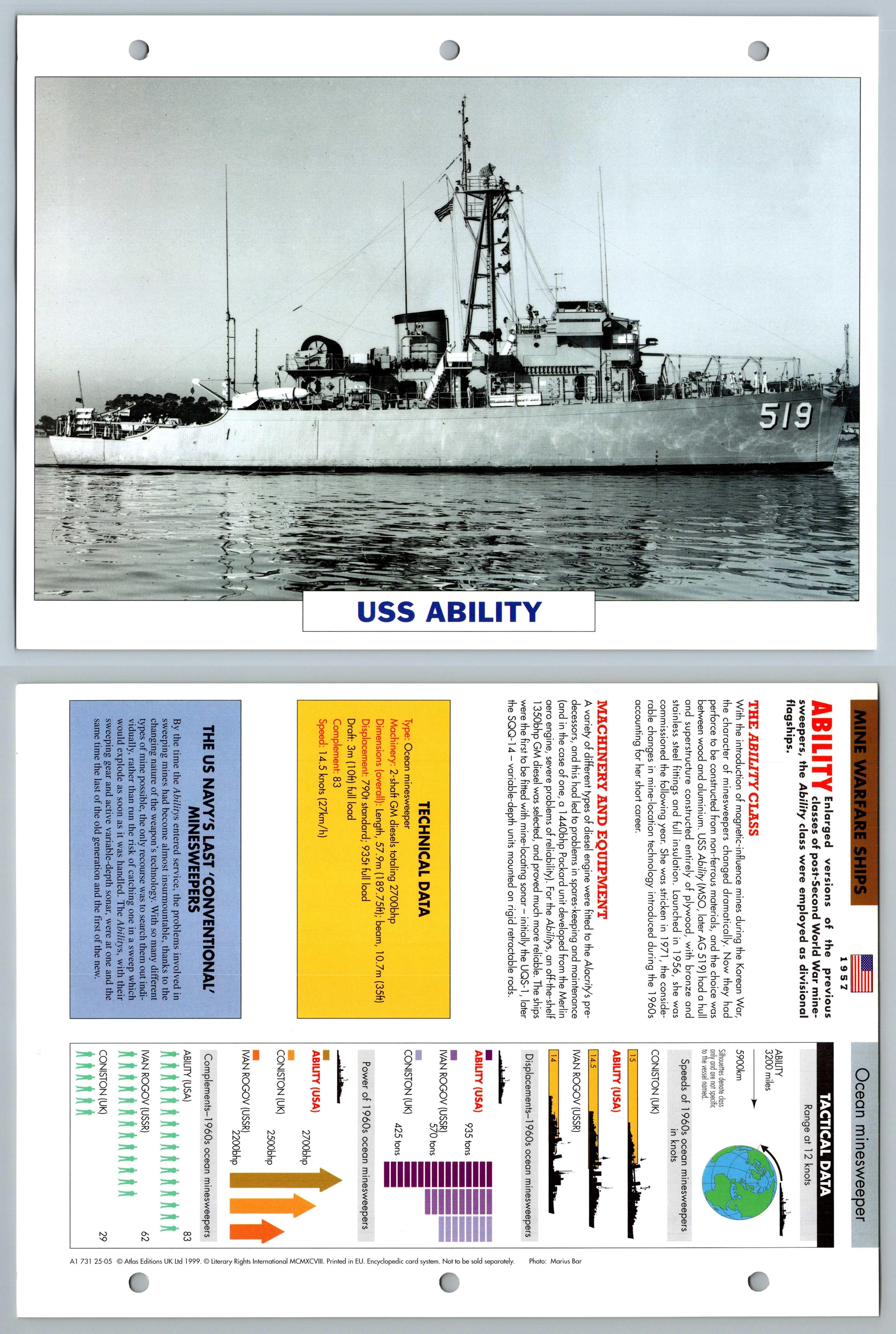 USS Ability - 1957 - Mine Warfare - Atlas Warships Maxi Card