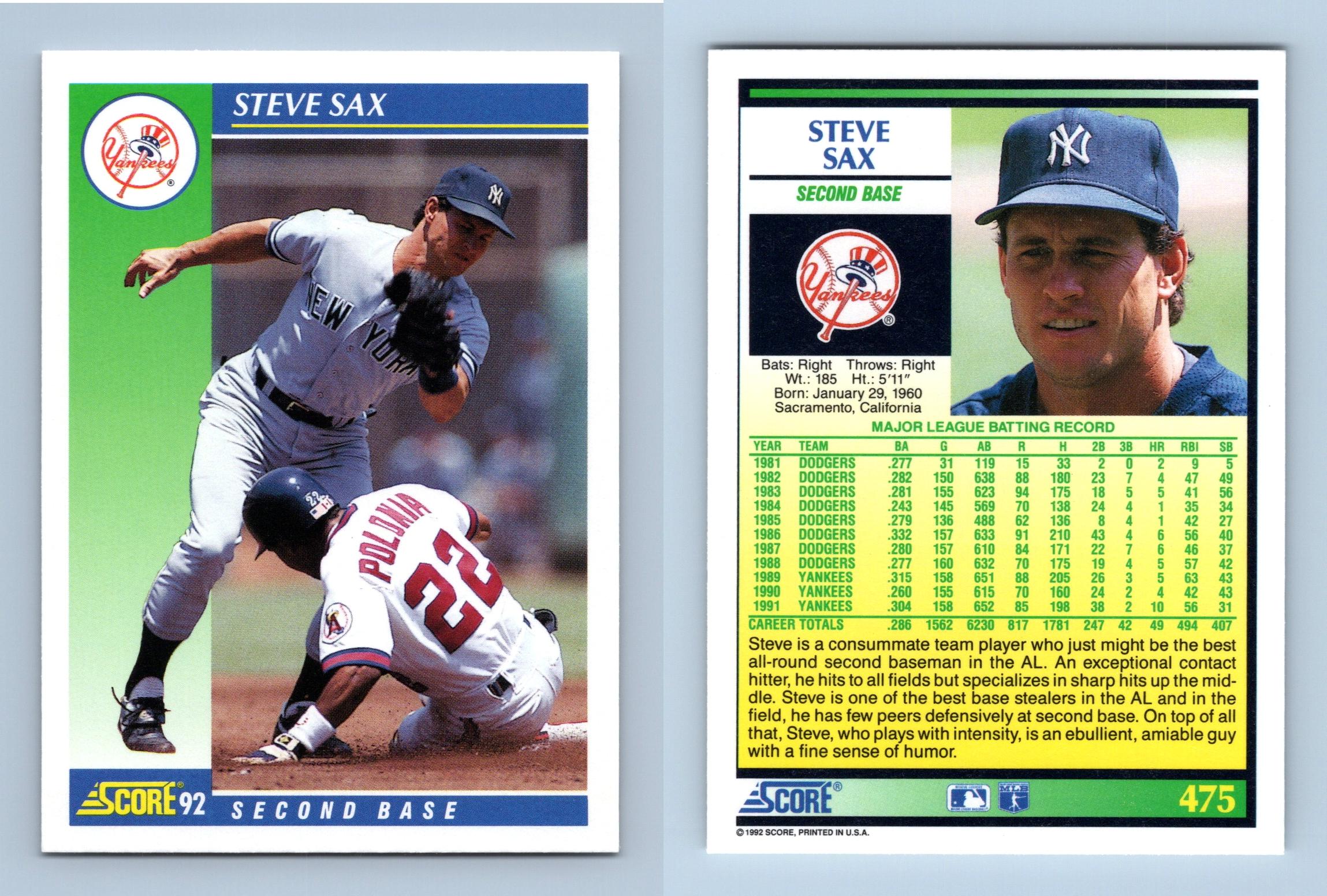Steve Sax autographed baseball card (New York Yankees, FT) 1990