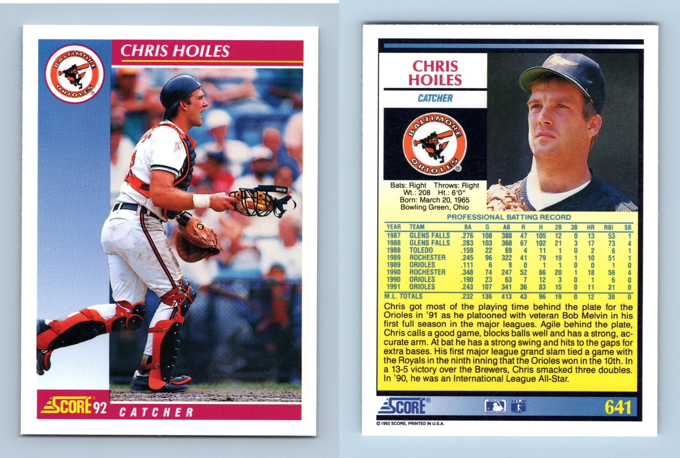 Chris Hoiles - Orioles - #641 Score 1992 Baseball Trading Card