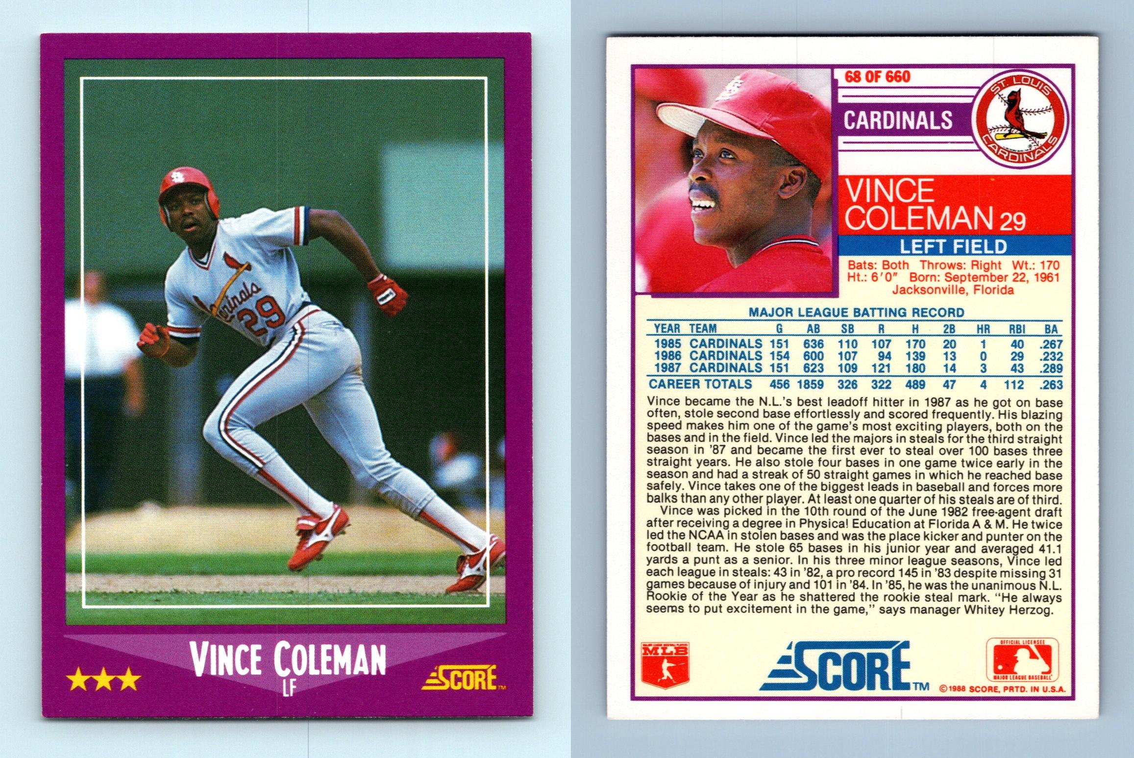 Vince Coleman - Cardinals #68 Score 1988 Baseball Trading Card