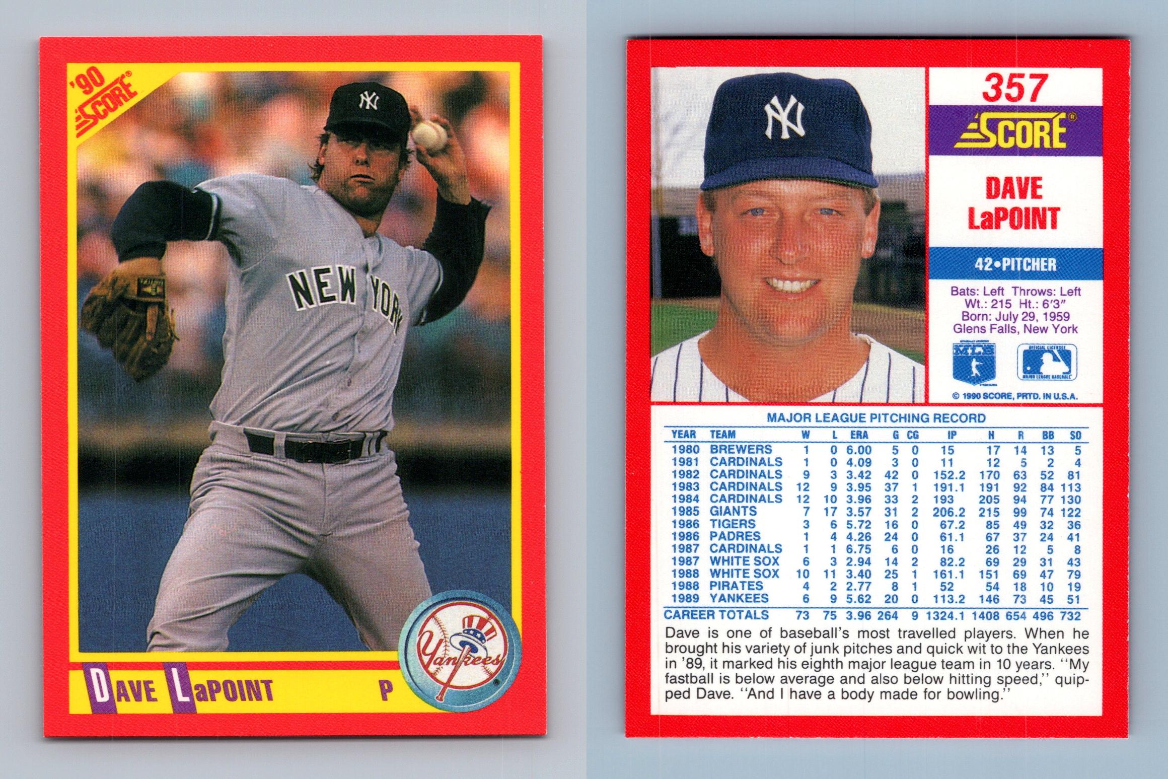 Dave LaPoint - Yankees #357 Score 1990 Baseball Trading Card