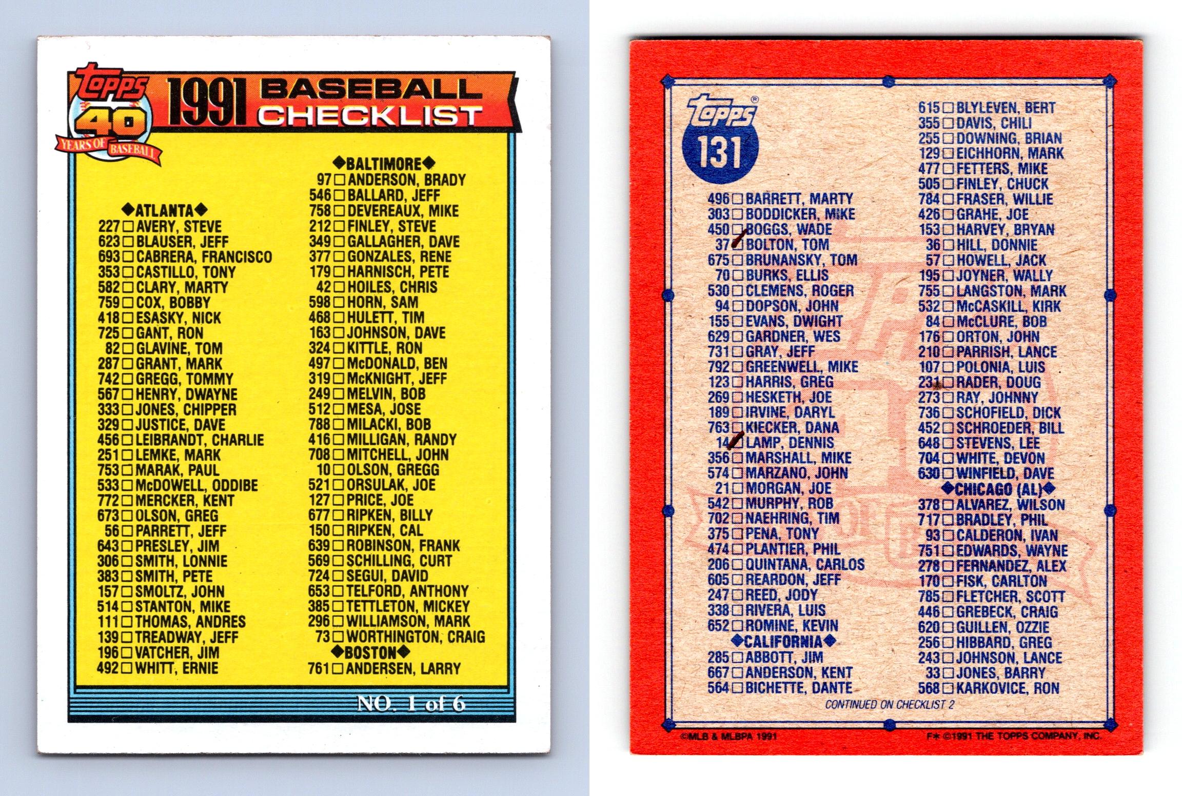 Baseball Checklist 131 Topps 40 Years Of Baseball 1991 MLB Trading Card