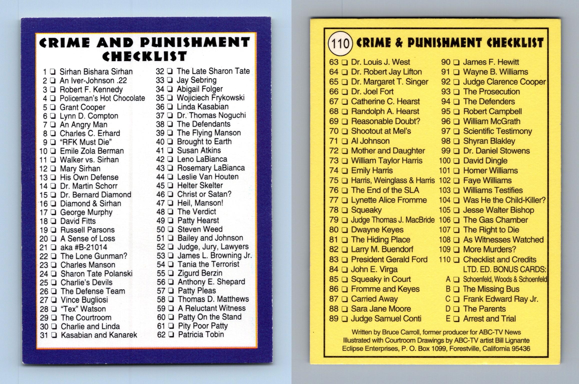 Checklist 110 Crime & Punishment 1992 Eclipse Trading Card