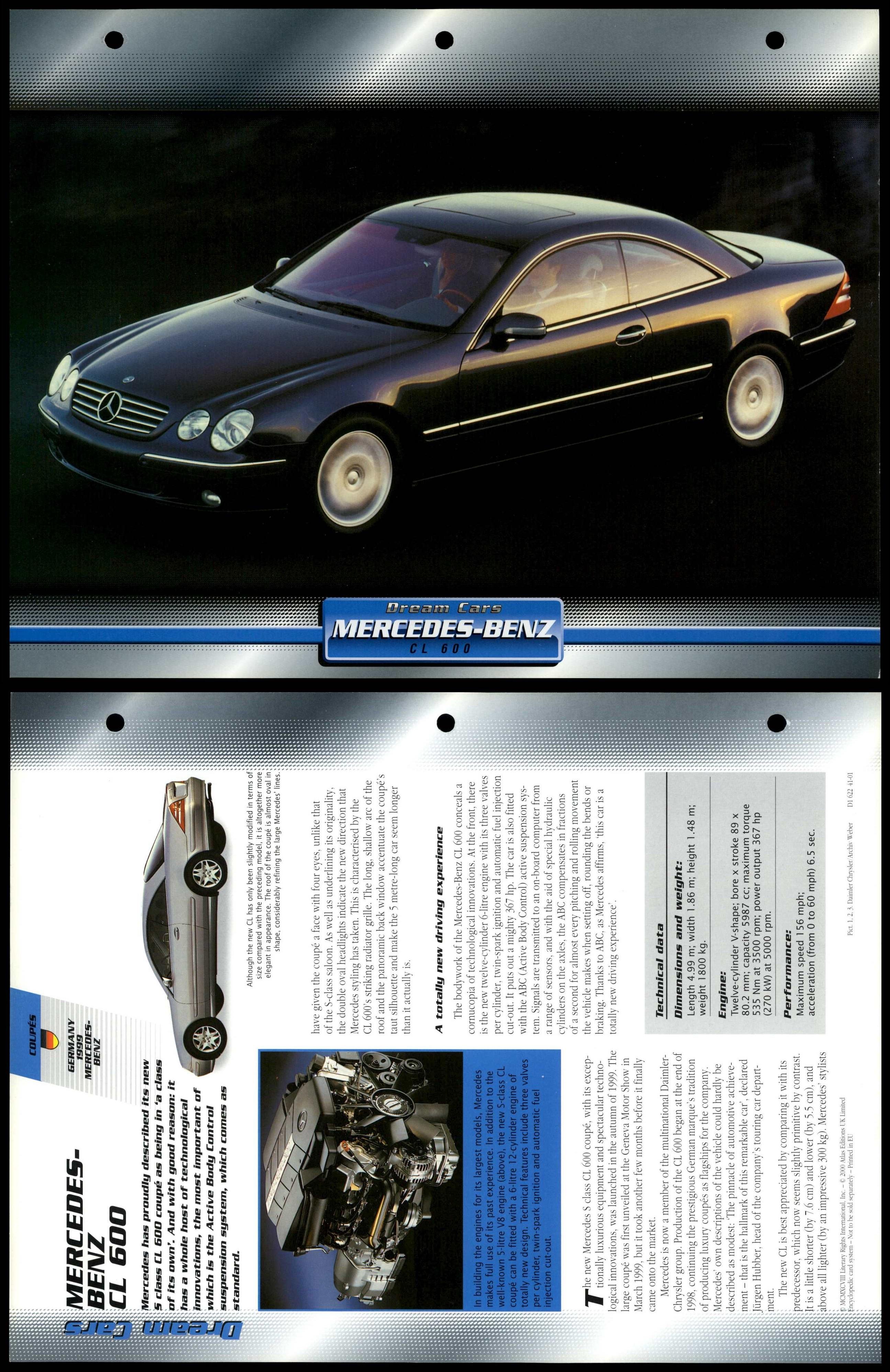 MercedesBenz CL 600 1999 Coupes Atlas Dream Cars Fact File Card