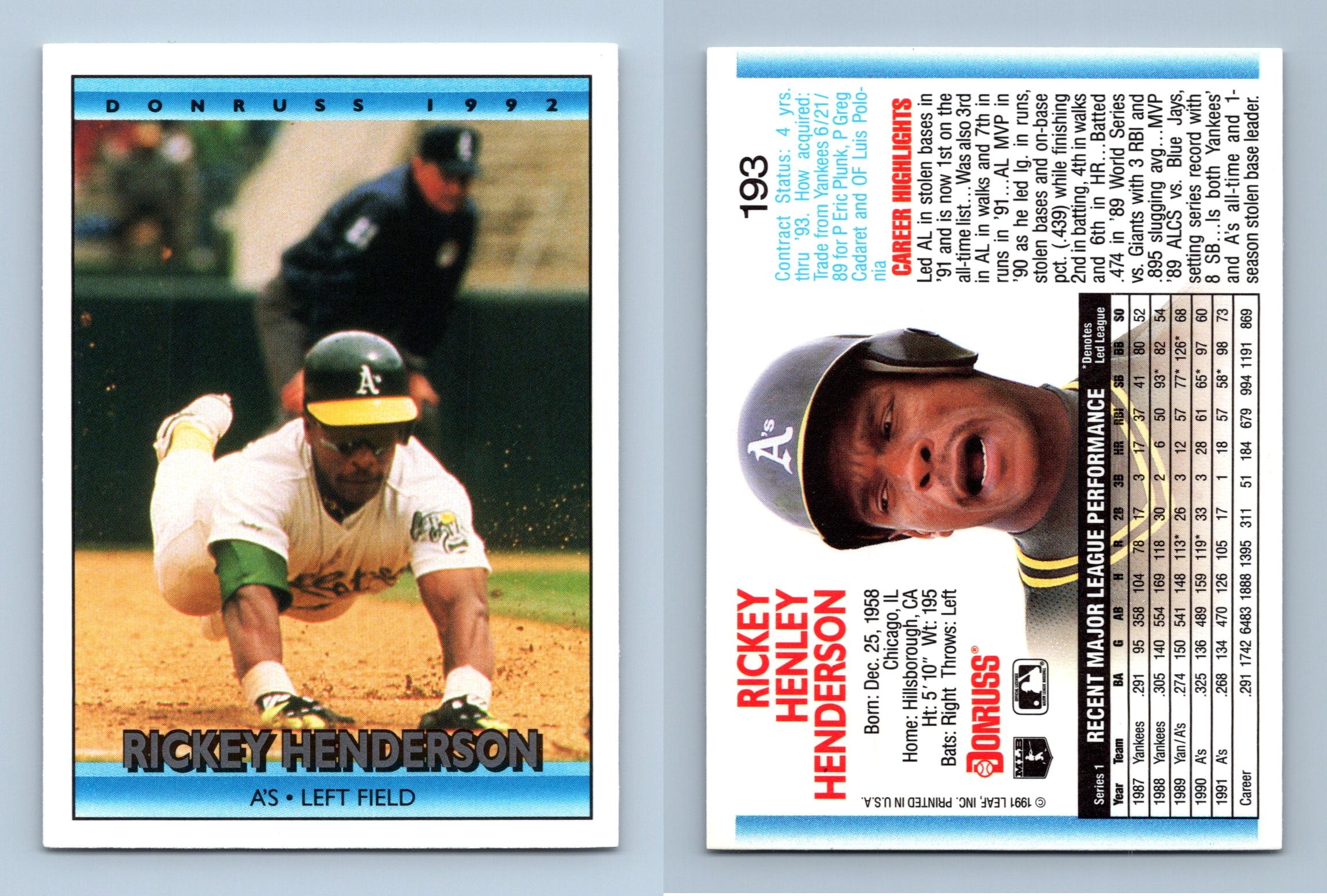 Rickey Henderson - A's #193 Donruss 1992 Baseball Trading Card