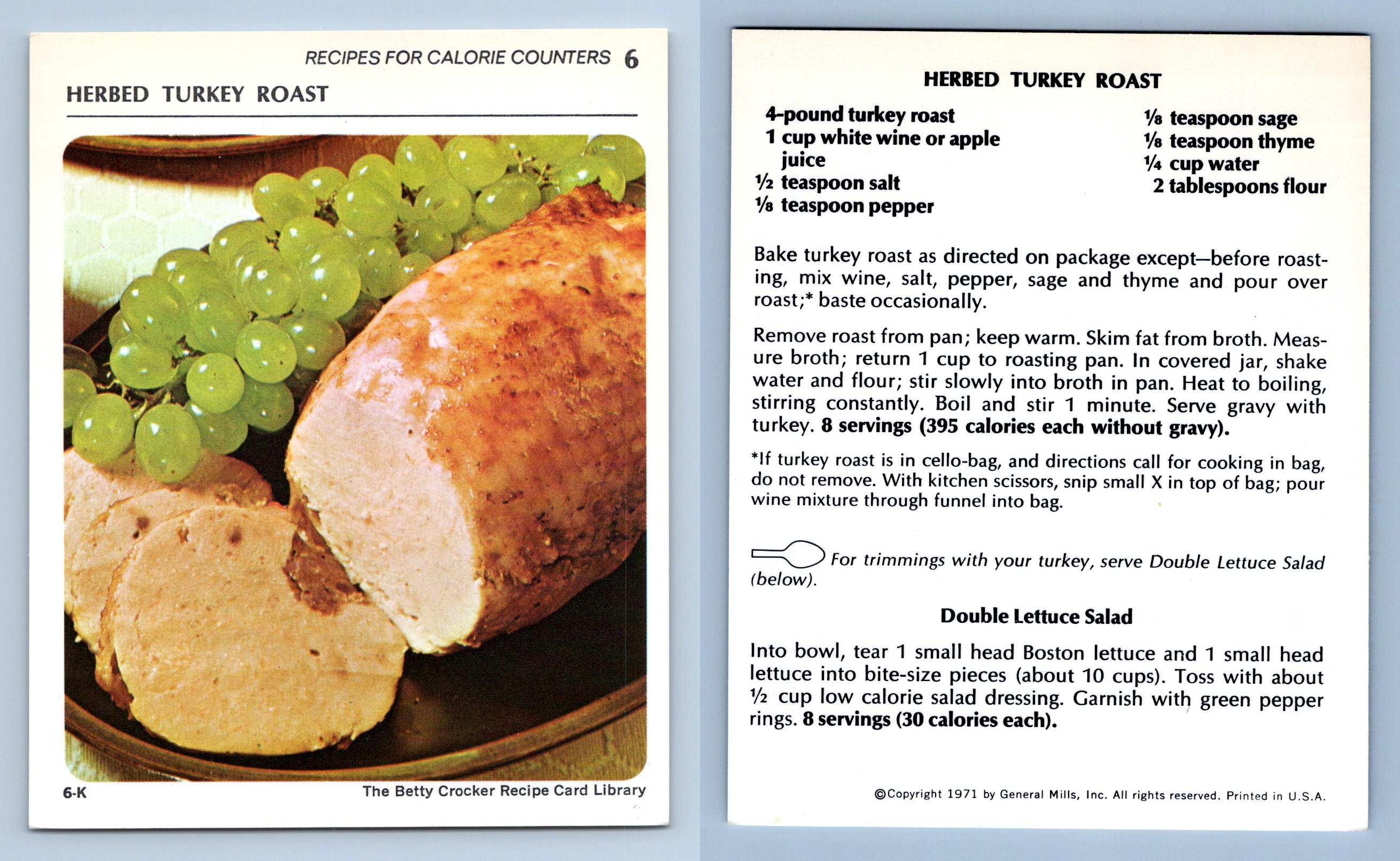 Herbed Turkey Roast #6 Calorie Counters Betty Crocker 1971 Recipe Card