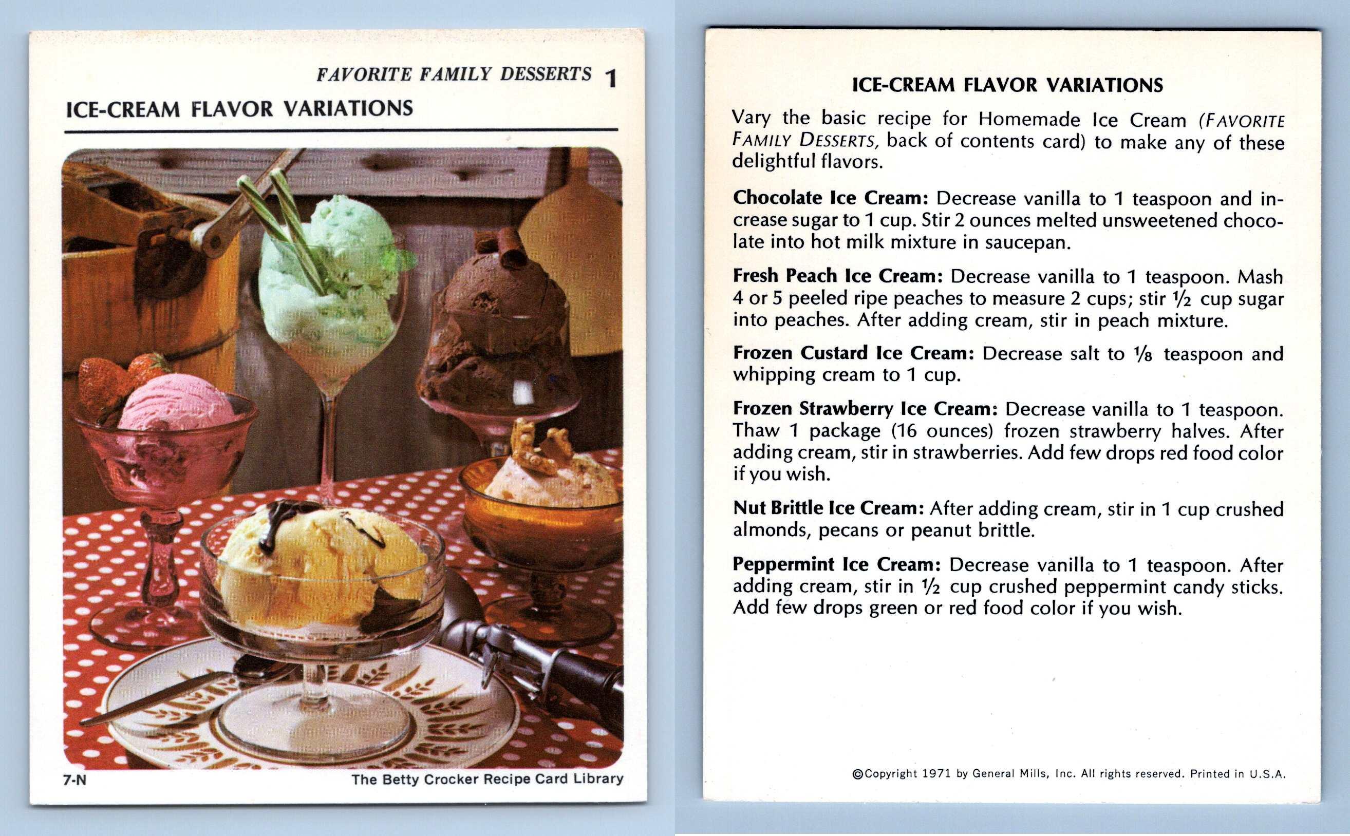 Ice-Cream Flavor Variations #1 Desserts - Betty Crocker 1971 Recipe Card