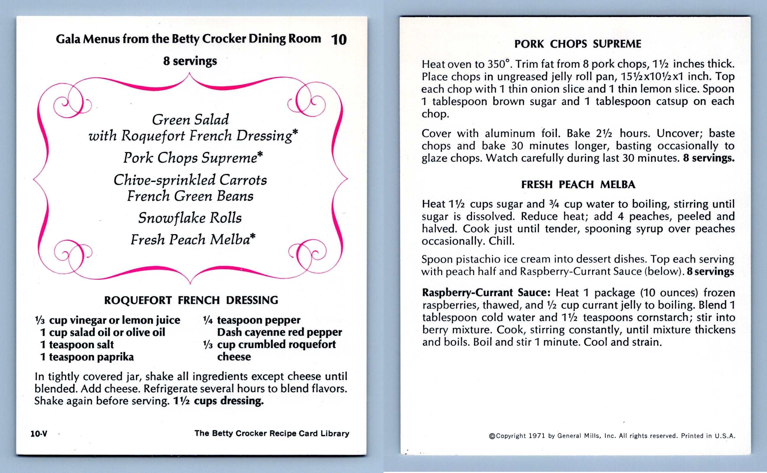 Roquefort French Dressing 10 Gala Menus Betty Crocker 1971 Recipe Card