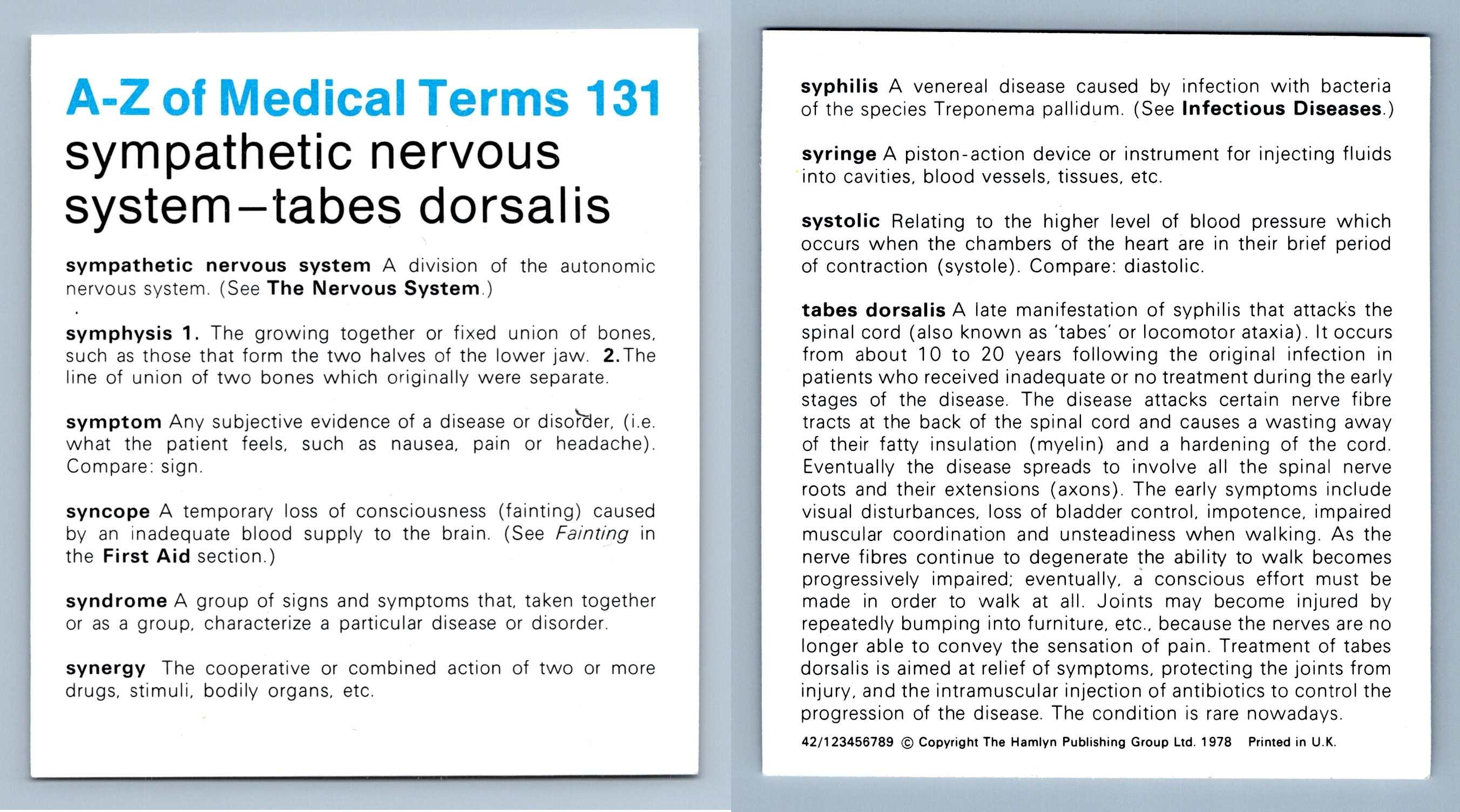 Sympathetic Nervous SystemTabes Dorsalis 131 AZ Home Medical Guide