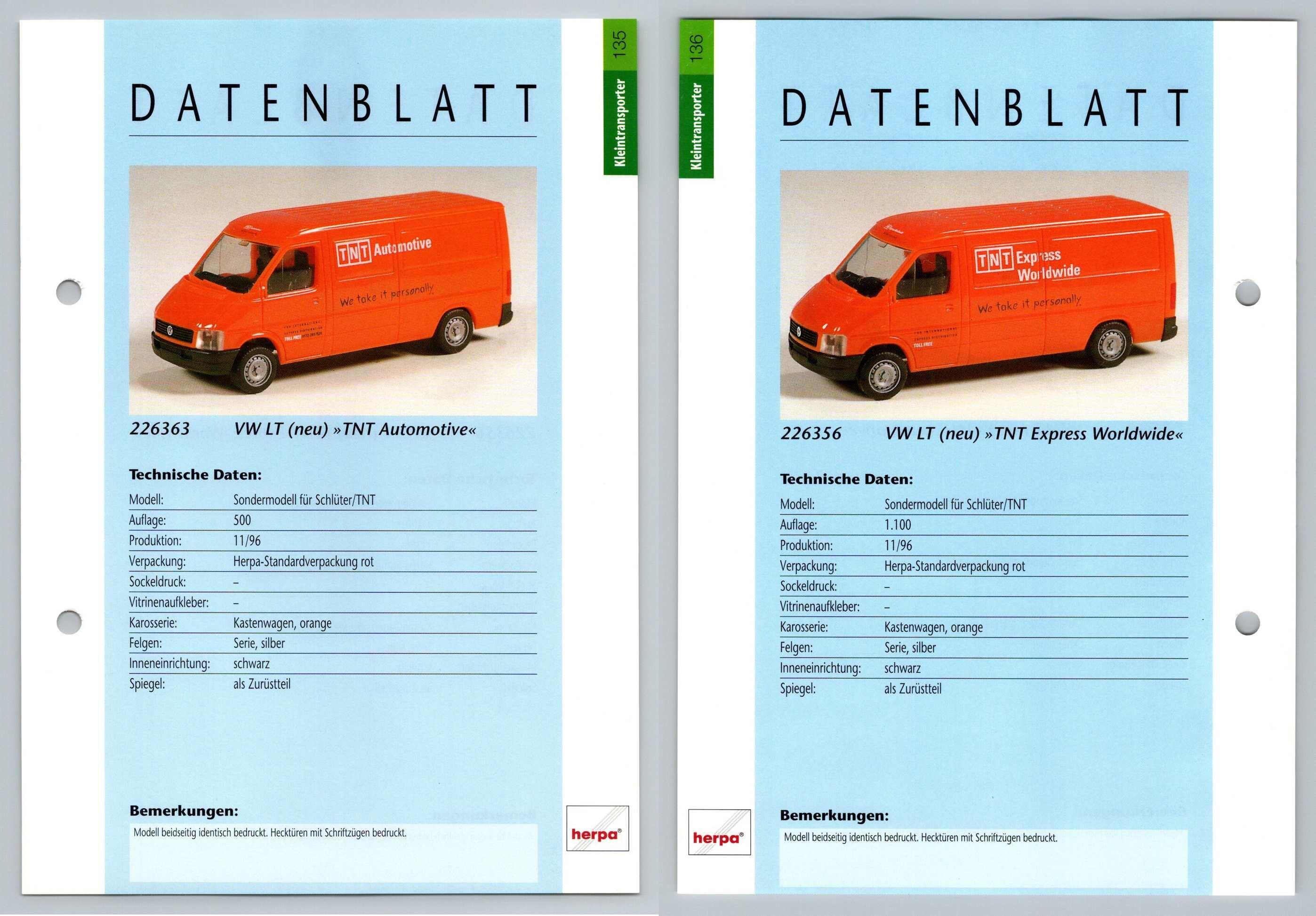 VW LT TNT Automotive / Express 135/136 Kleintransporter Datenblatt