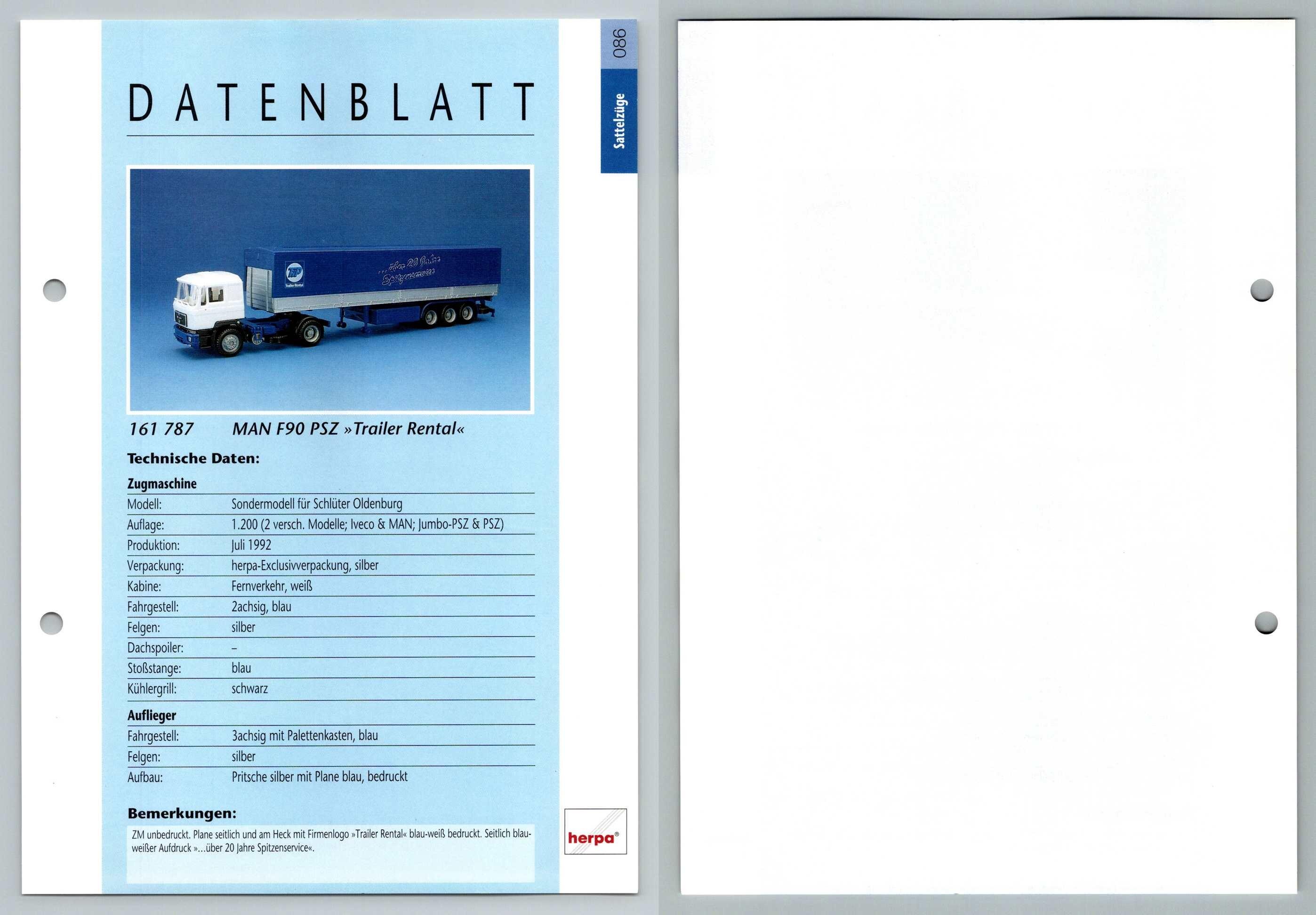 Man F90 Psz Trailer Rental 86 Sattelzuge Datenblatt Herpa Data Sheet