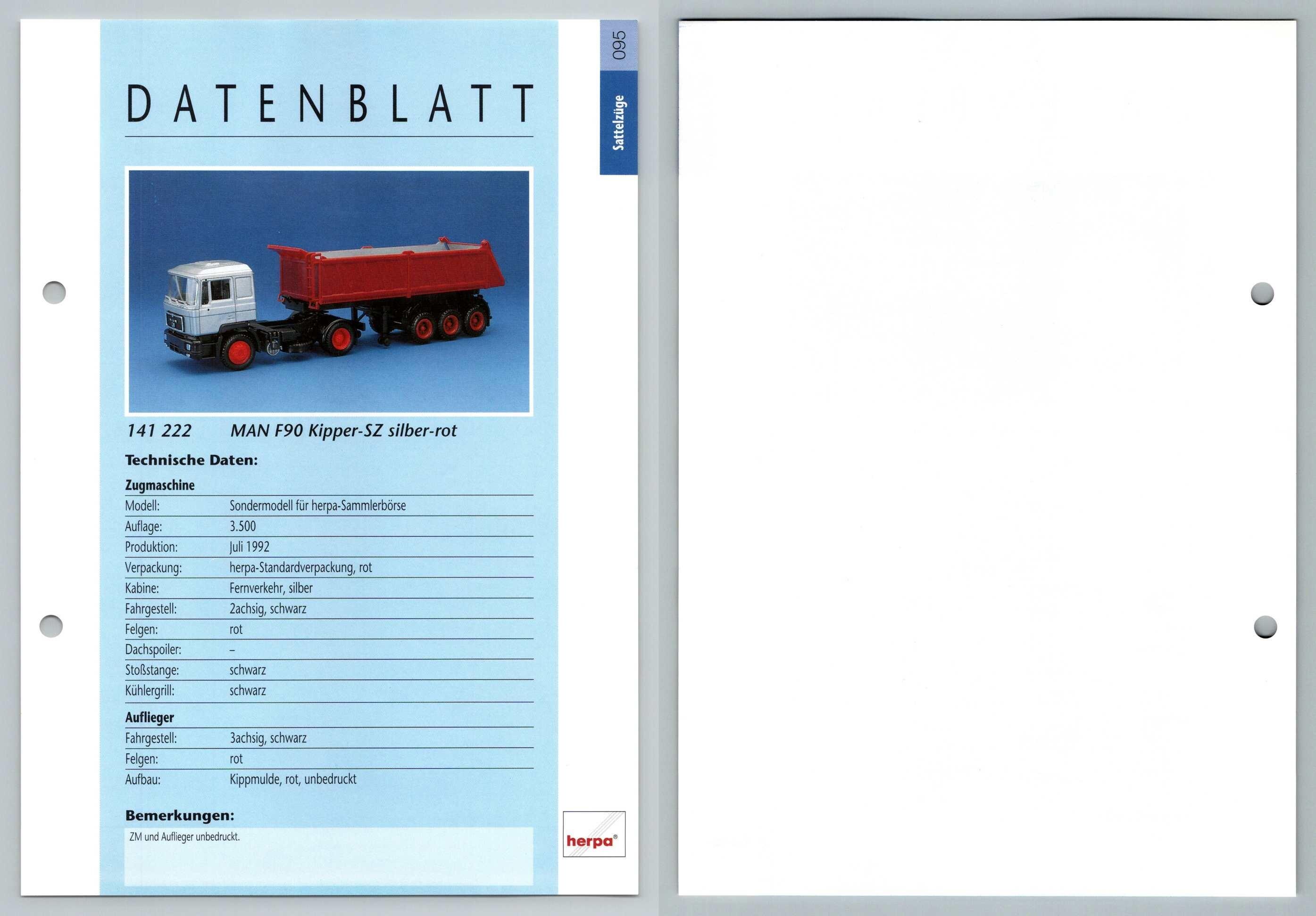 Man F90 Kipper Sz Silber Rot 95 Sattelzuge Datenblatt Herpa Data Sheet