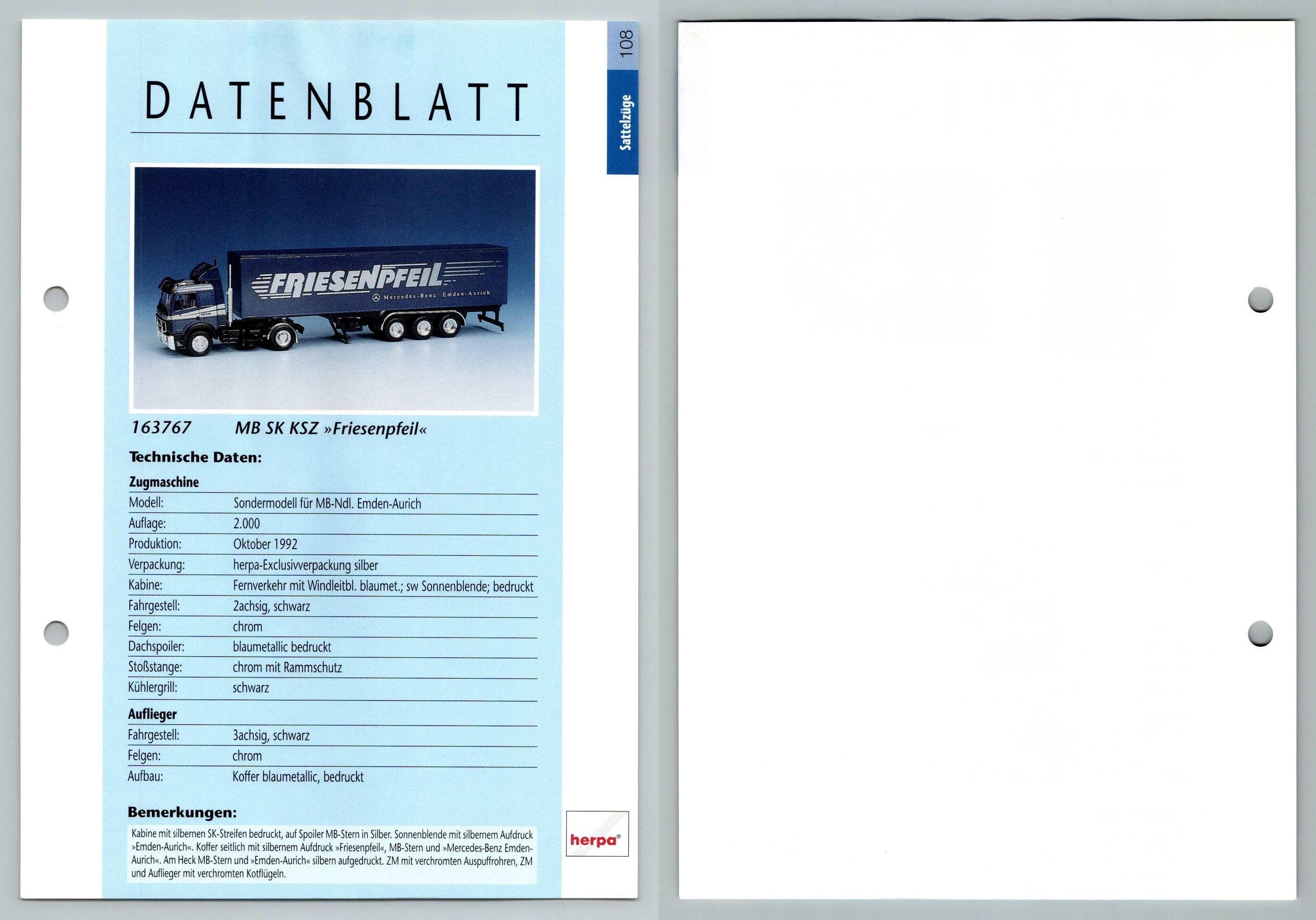 Mb Sk Ksz Friesenpfeil 108 Sattelzuge Datenblatt Herpa Data Sheet