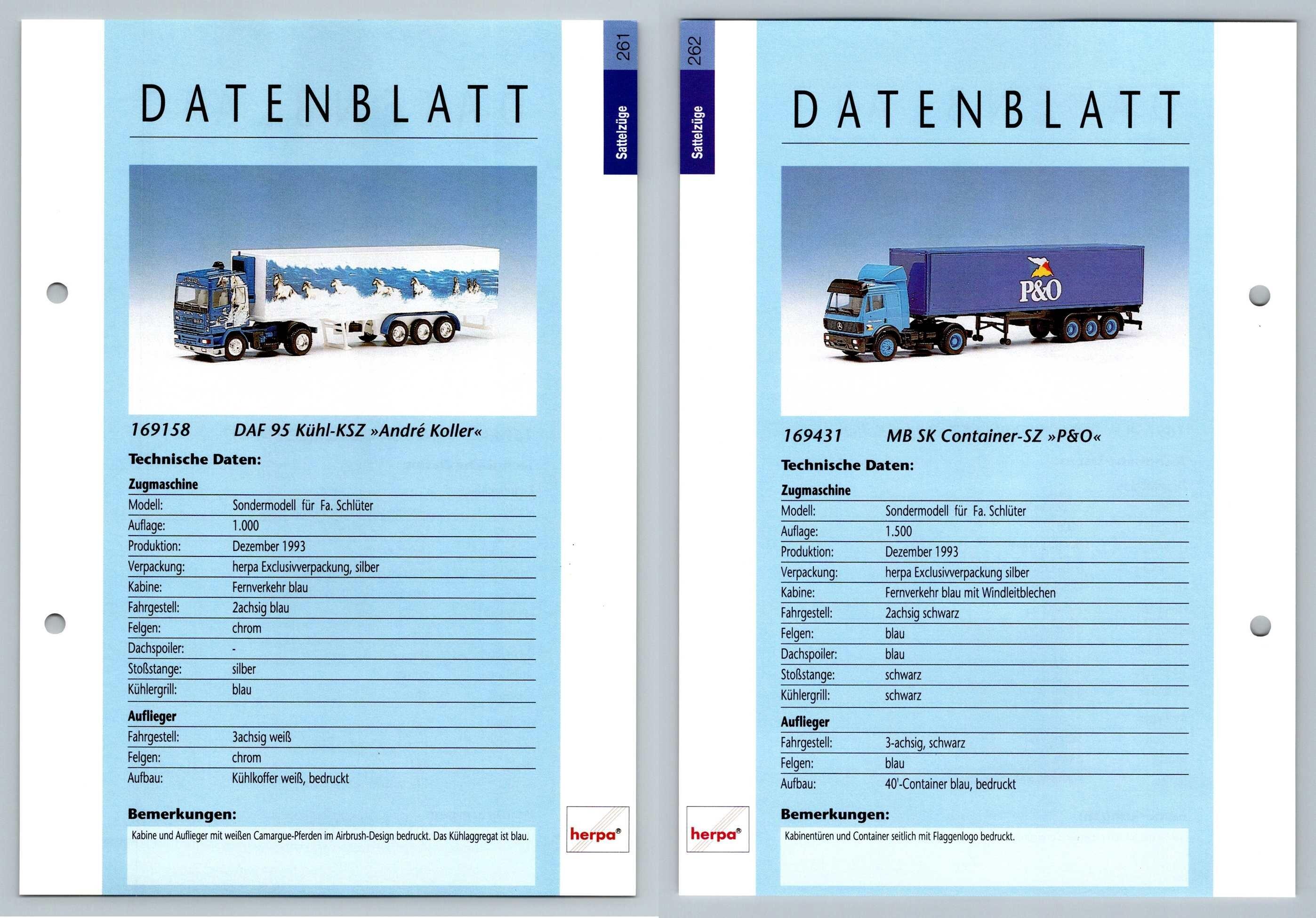 Daf 95 Kuhl Mb Sk Container 261 262 Sattelzuge Datenblatt Herpa