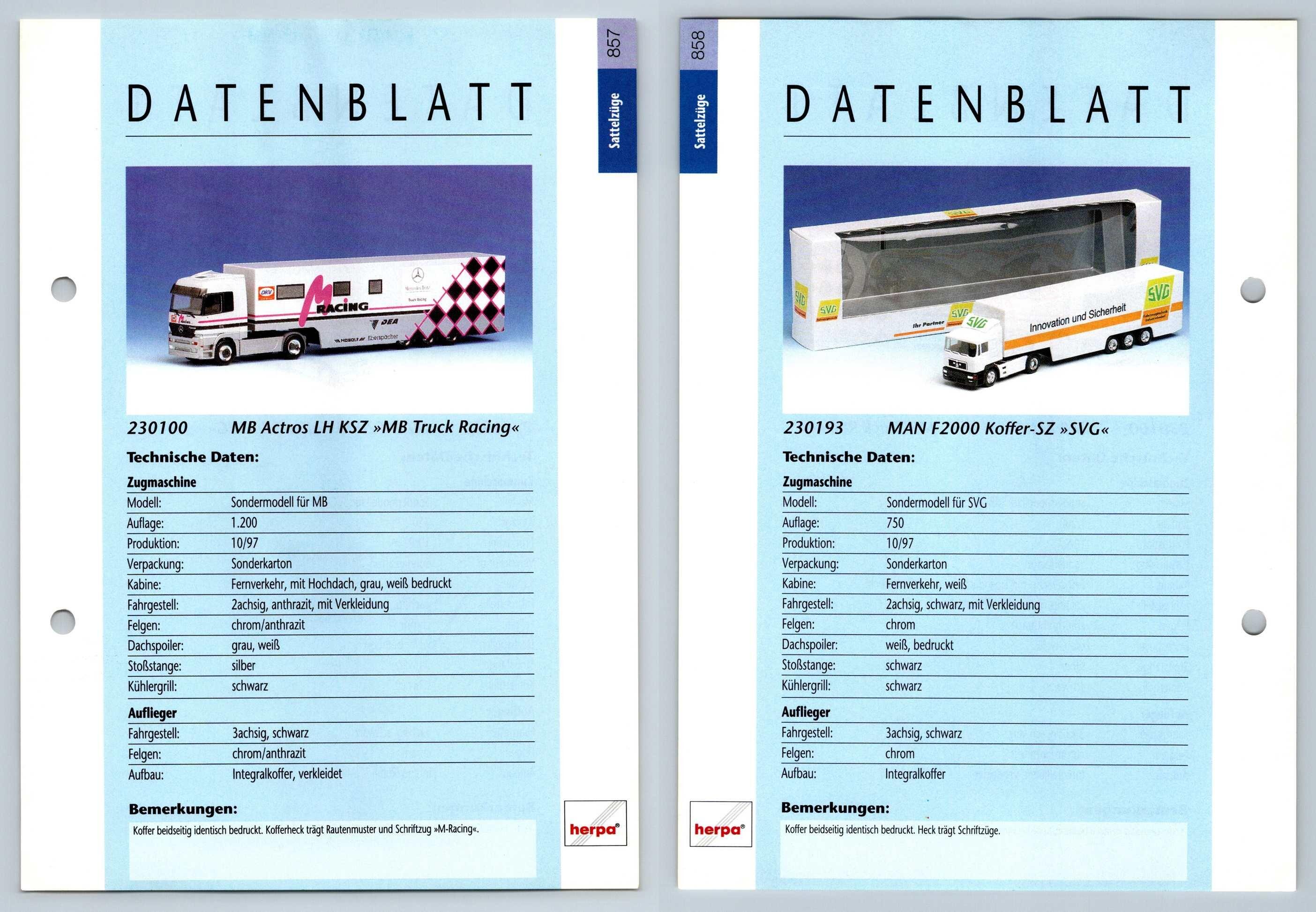 Mb Actros Lh Man F2000 857 8 Sattelzuge Datenblatt Herpa Data Sheet