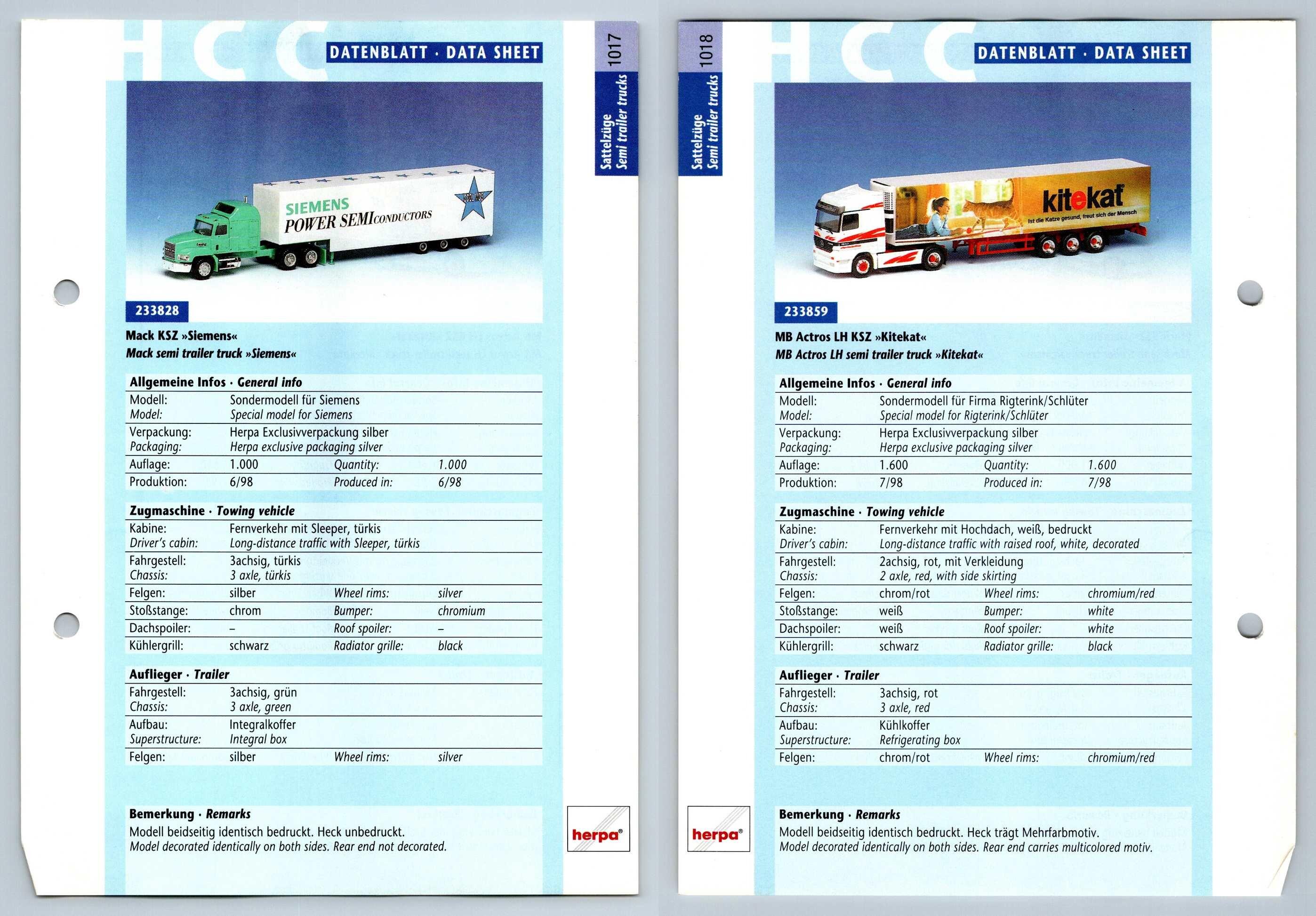 Mack Ksz Mb Actros Lh 1017 8 Sattelzuge Datenblatt Herpa Data Sheet