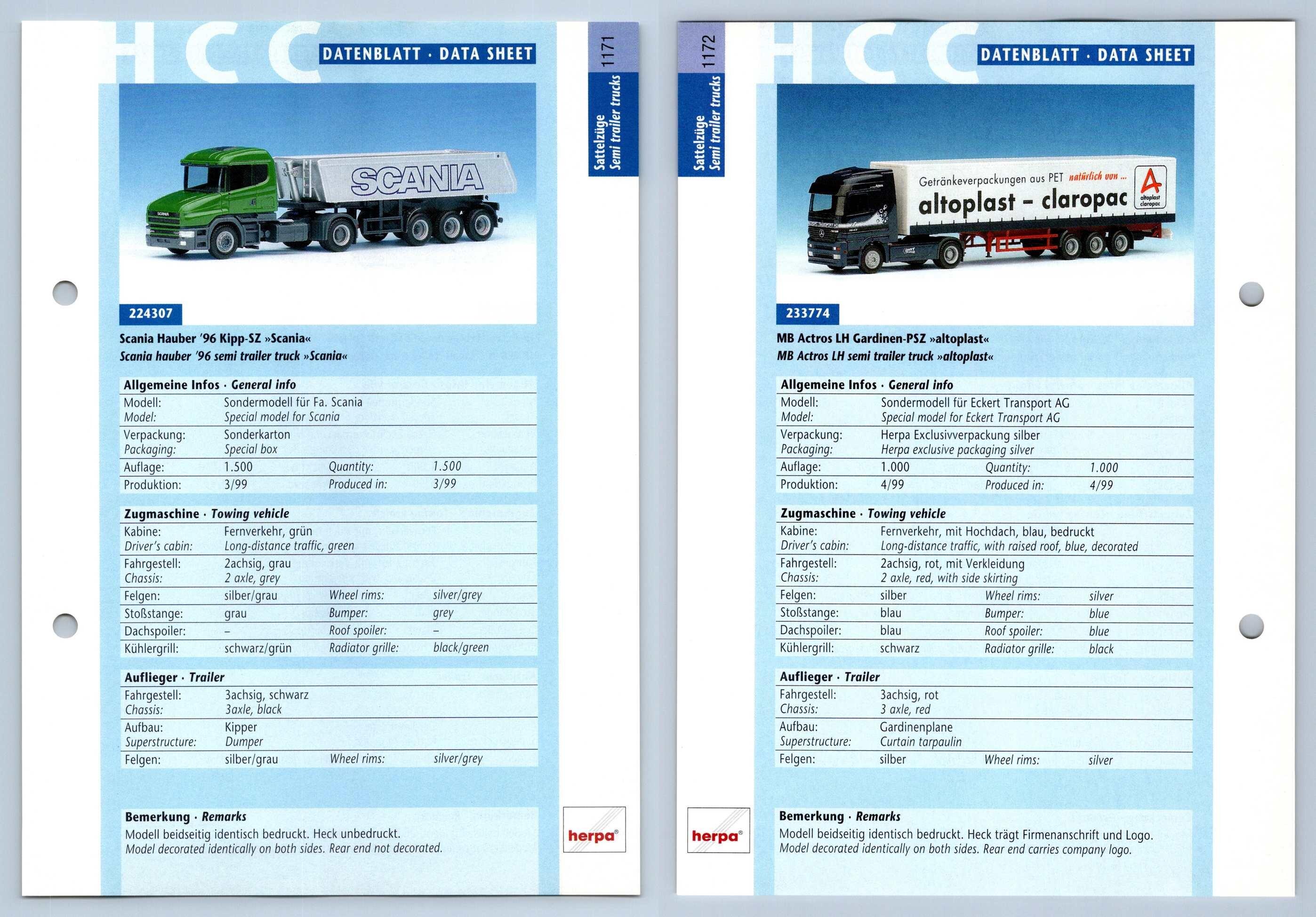 Scania Hauber 96 Mb Actros Lh 1171 2 Sattelzuge Datenblatt Herpa