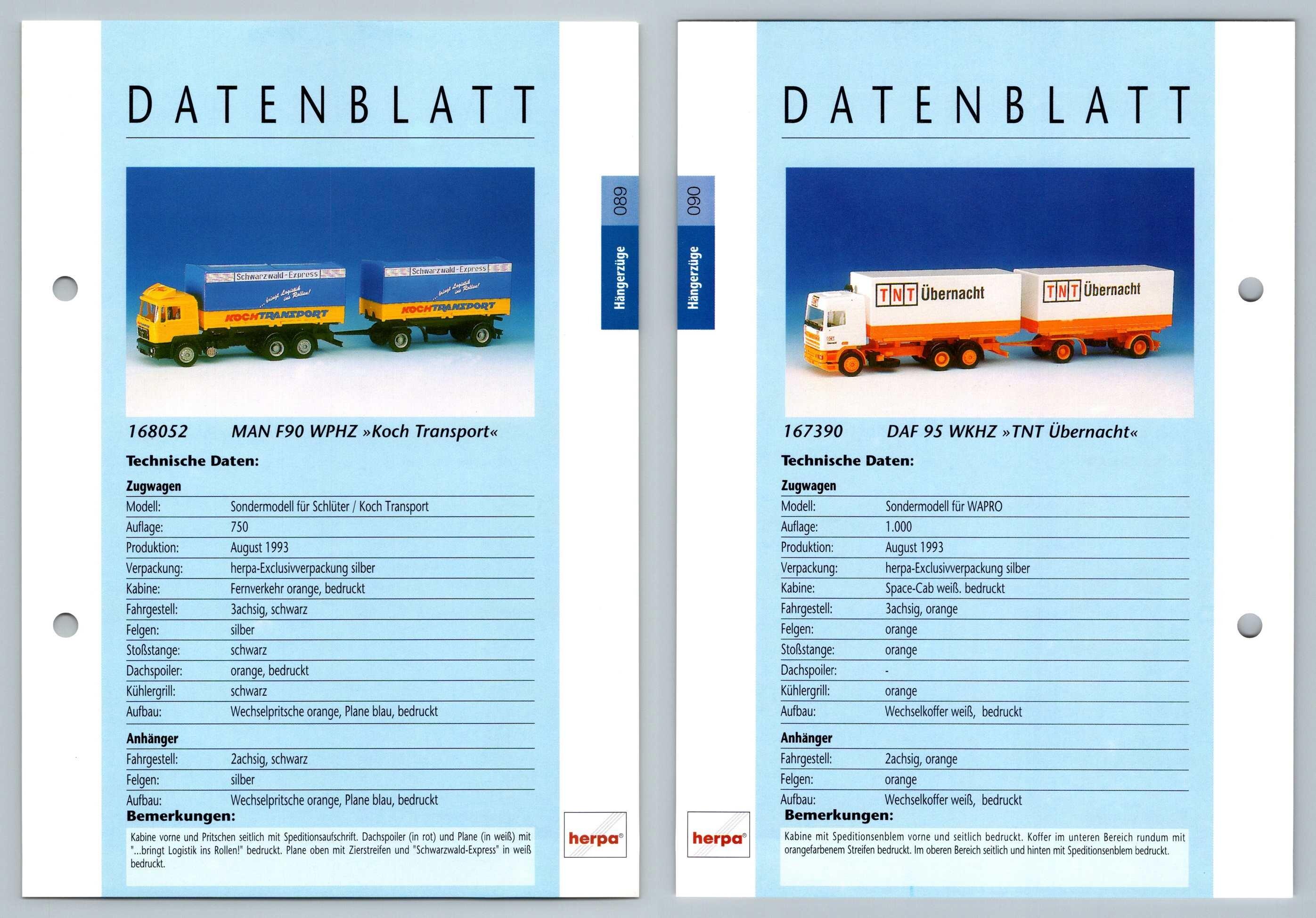 Man F90 Wphz Daf 95 Wkhz 89 90 Hangerzuge Datenblatt Herpa Data Sheet