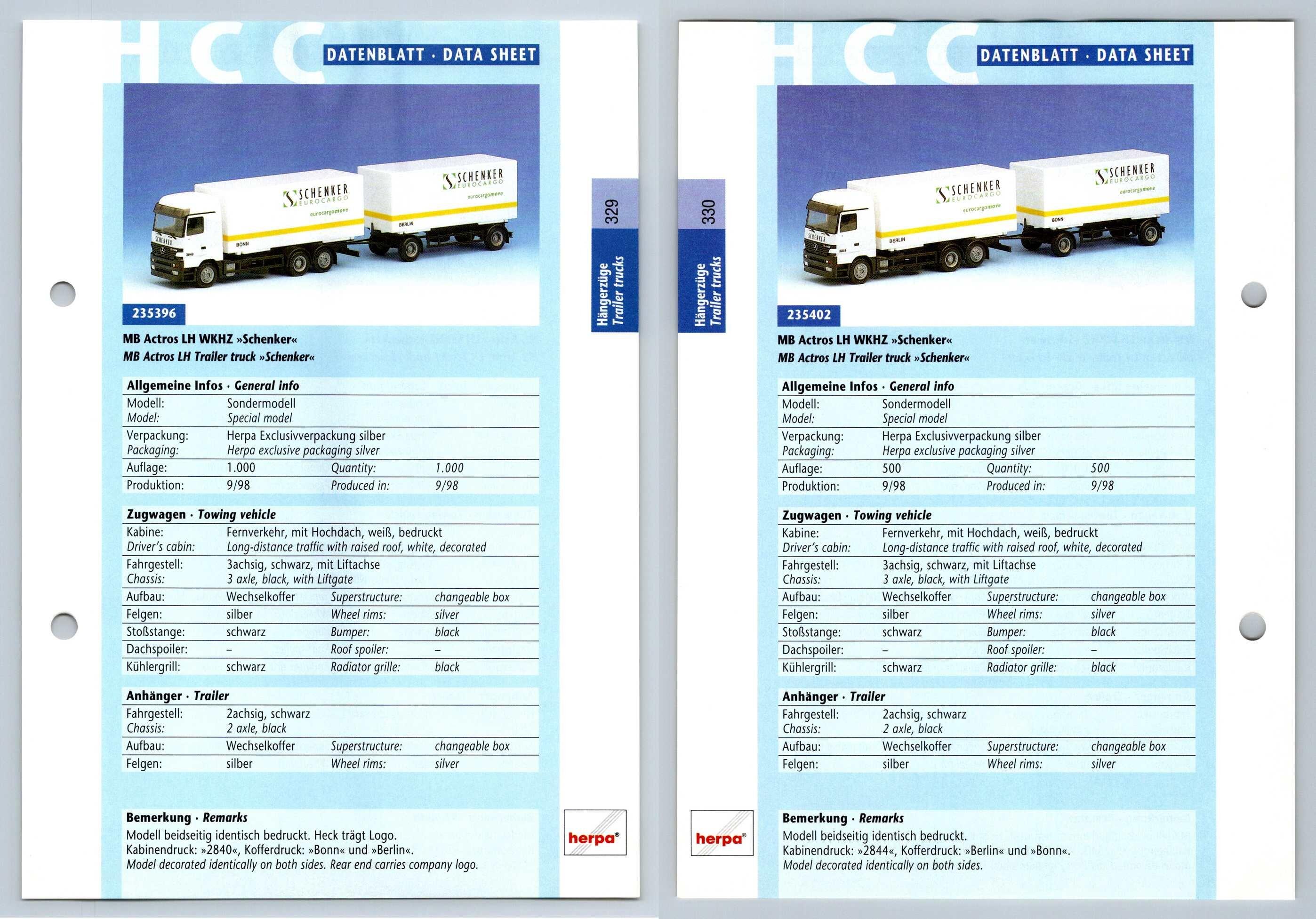 Mb Actros Lh Wkhz Schenker 329 30 Hangerzuge Datenblatt Herpa Data Sheet