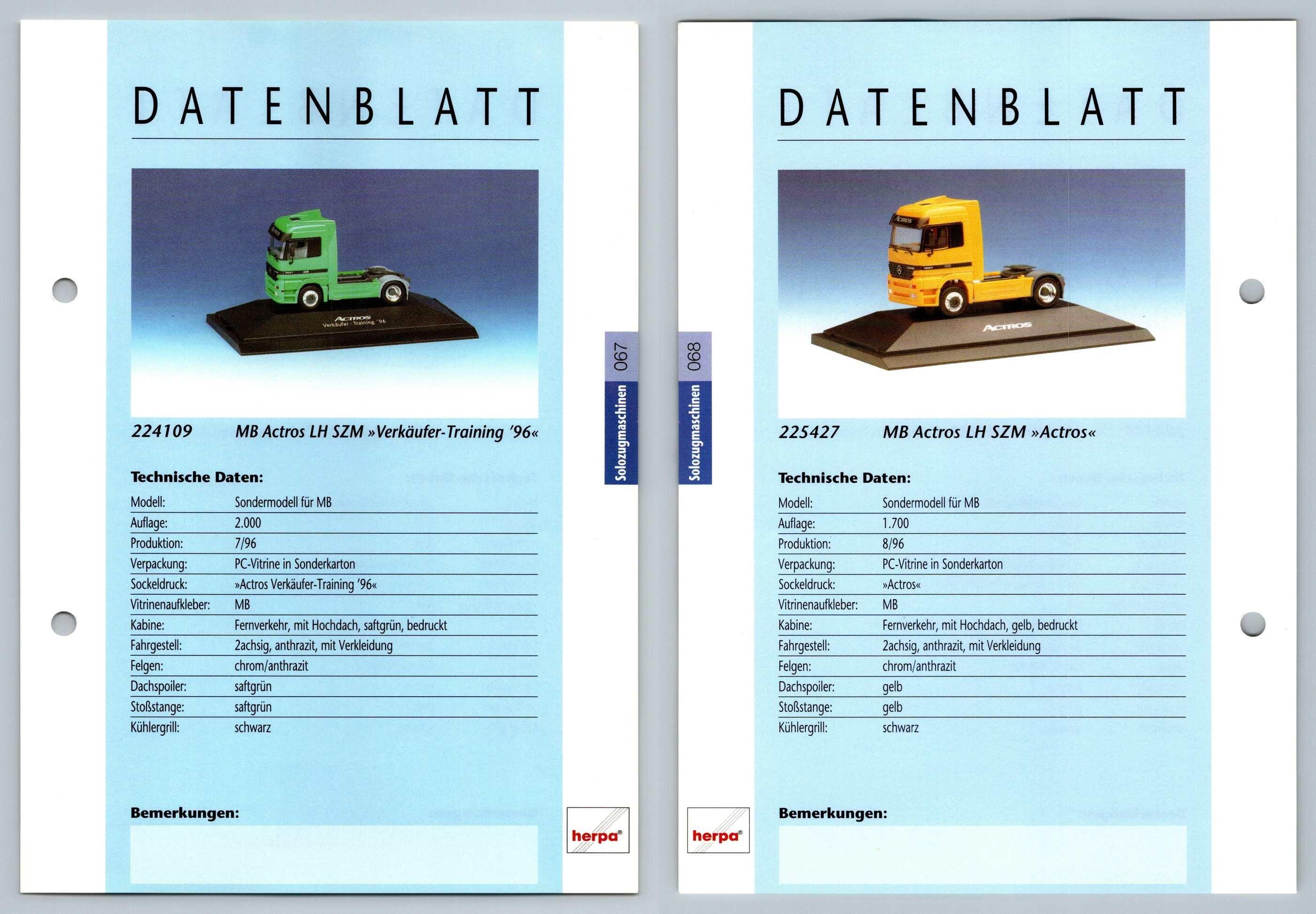 Mb Actros Lh Szm 67 8 Solozugmaschinen Datenblatt Herpa Data Sheet