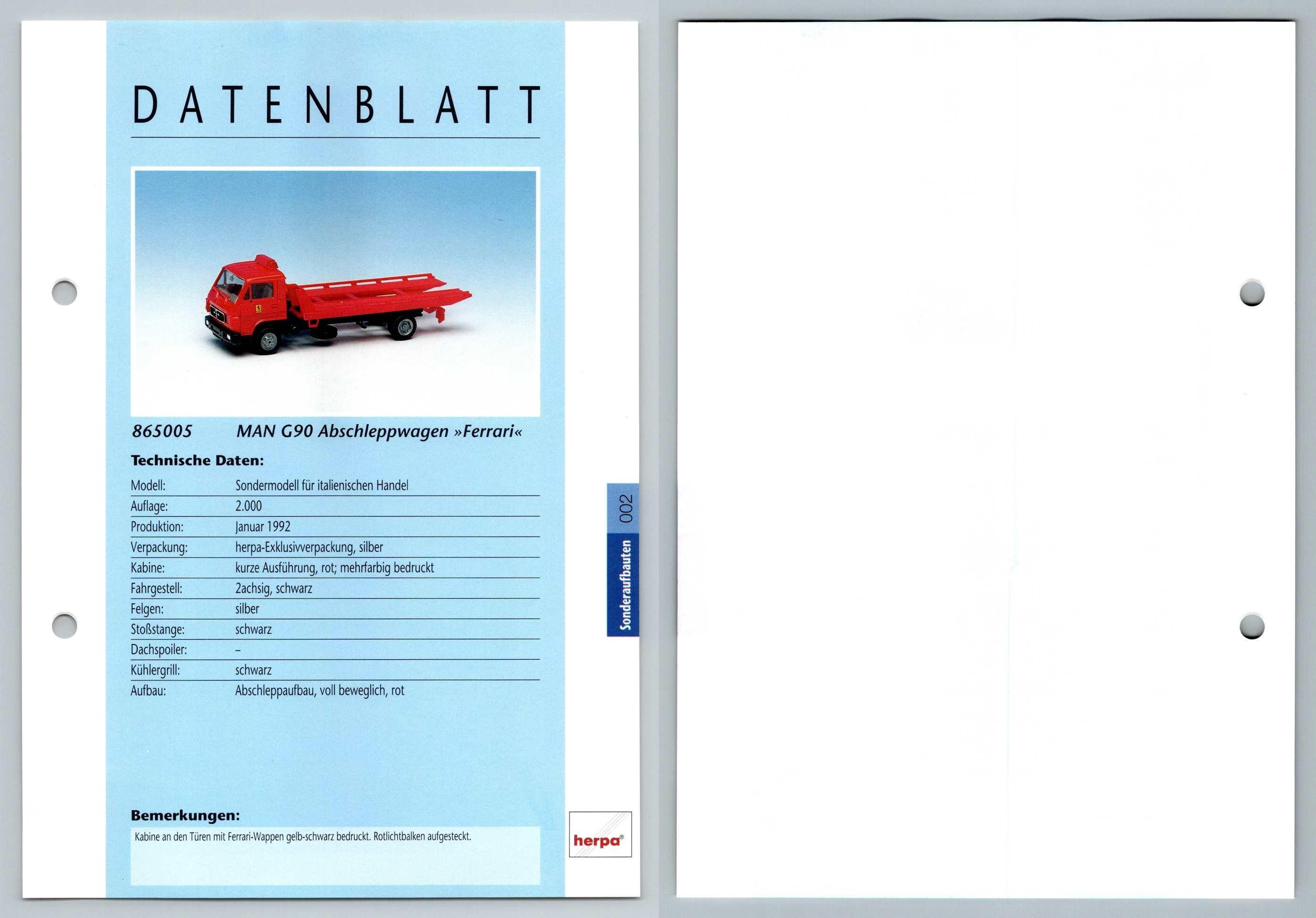 Man G90 Abschleppagen 2 Sonderaufbauten Datenblatt Herpa Data Sheet