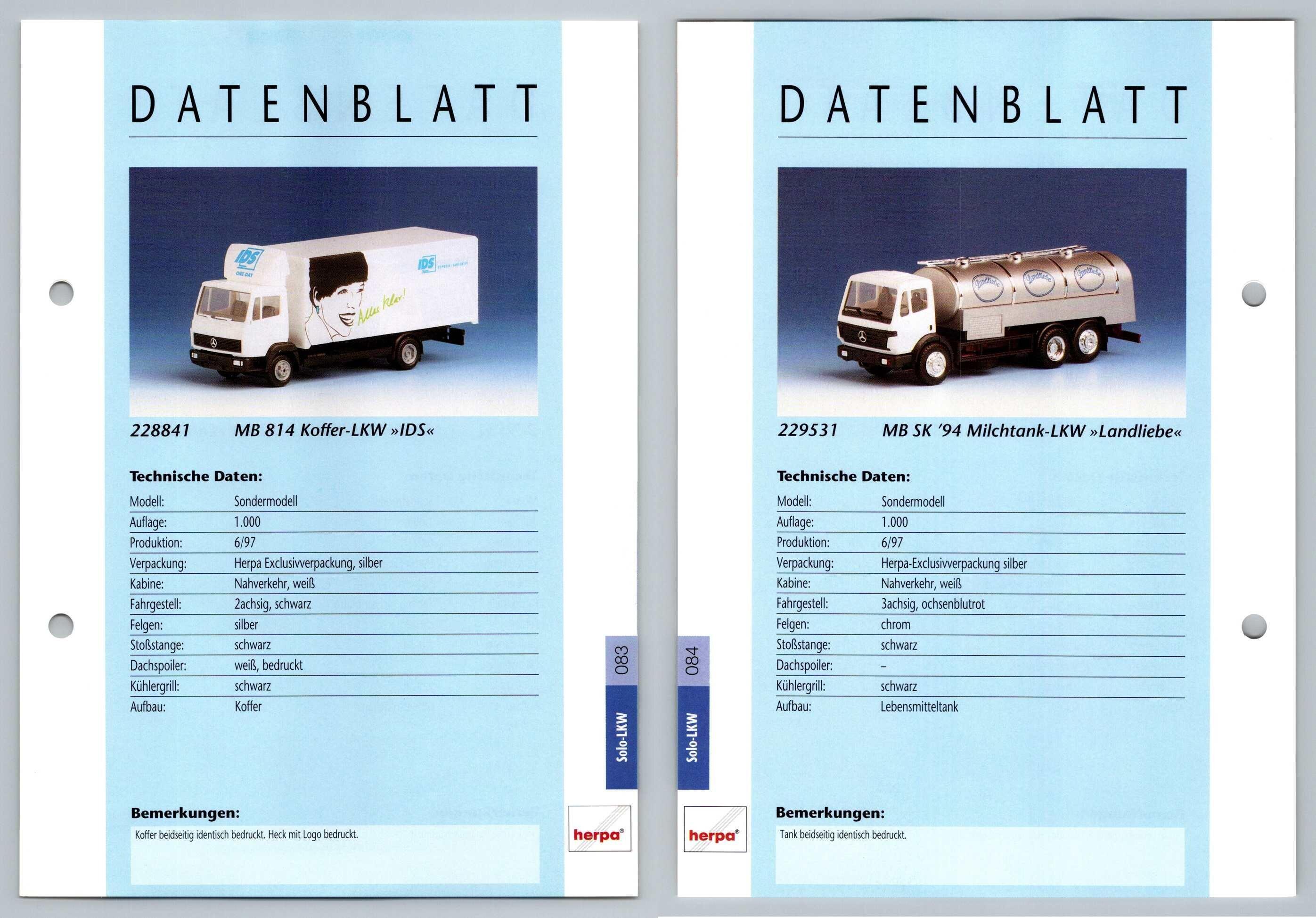 Mb 814 Koffer Mb Sk 94 83 4 Solo Lkw Datenblatt Herpa Data Sheet