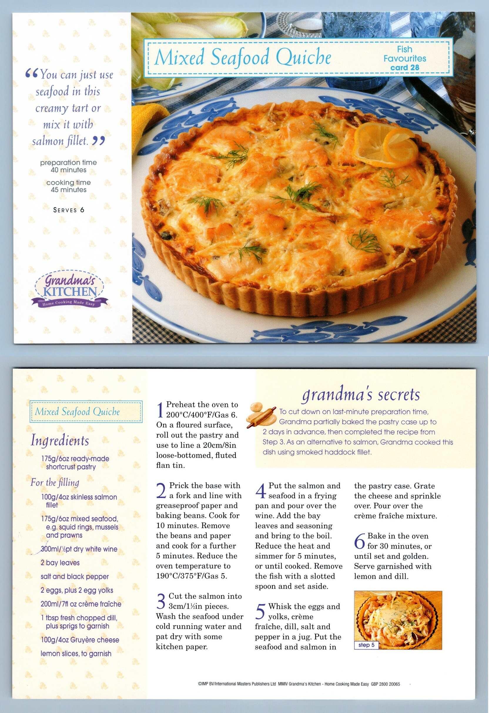 Mixed Seafood Quiche #28 Fish - Grandma's Kitchen Recipe Card