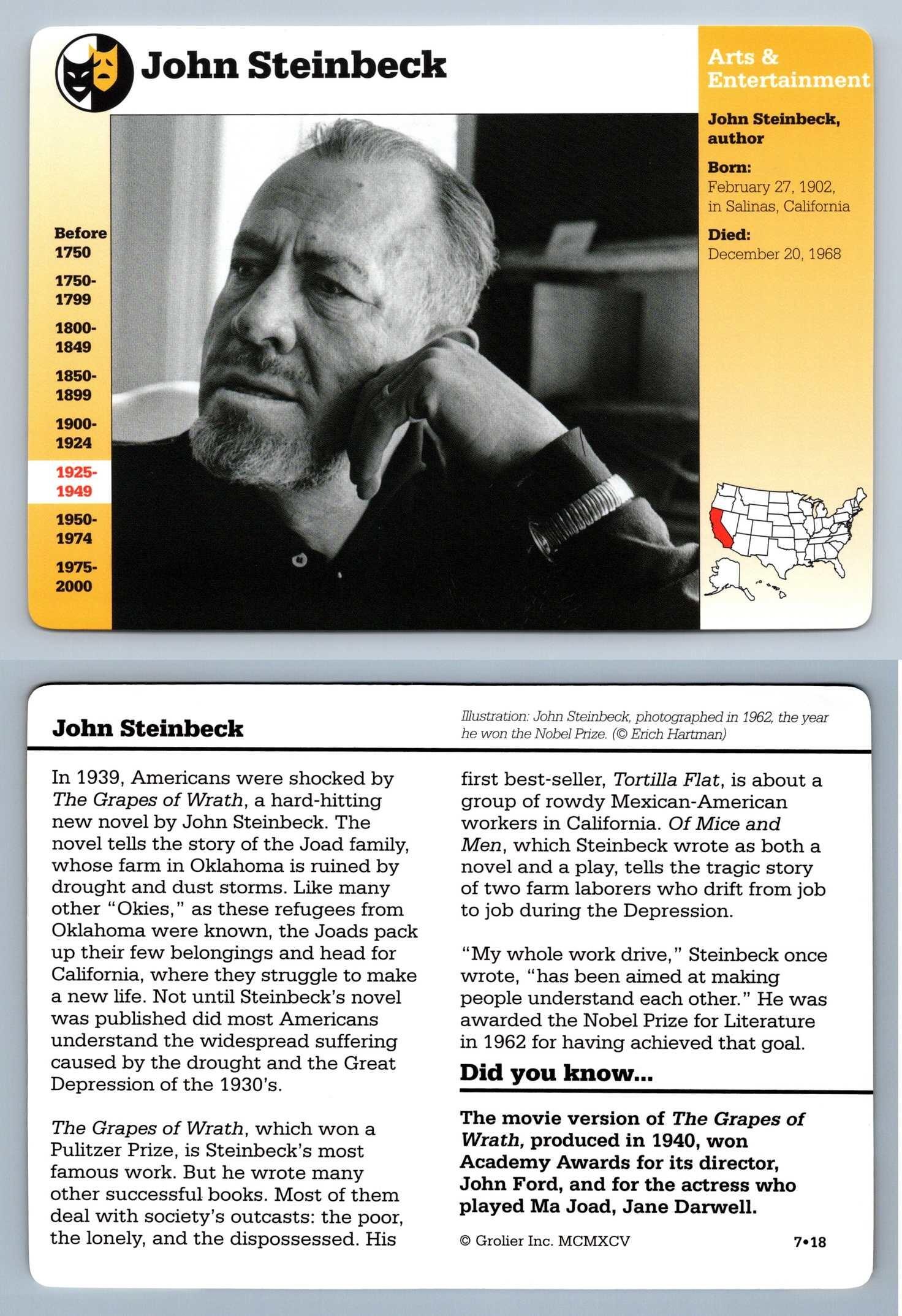 John Steinbeck 7.17 Arts Story Of America Grolier Card