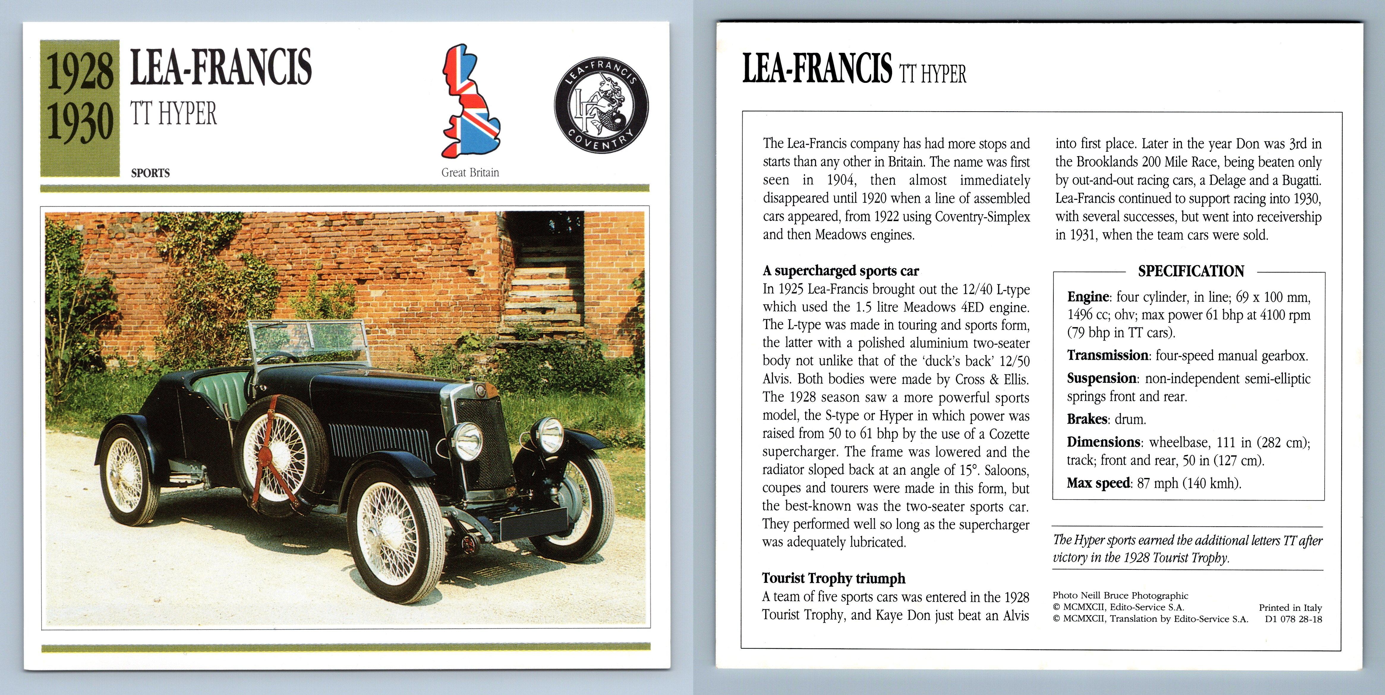 Lea-Francis - TT Hyper - 1928-30 Sports Collectors Club Card - Afbeelding 1 van 1