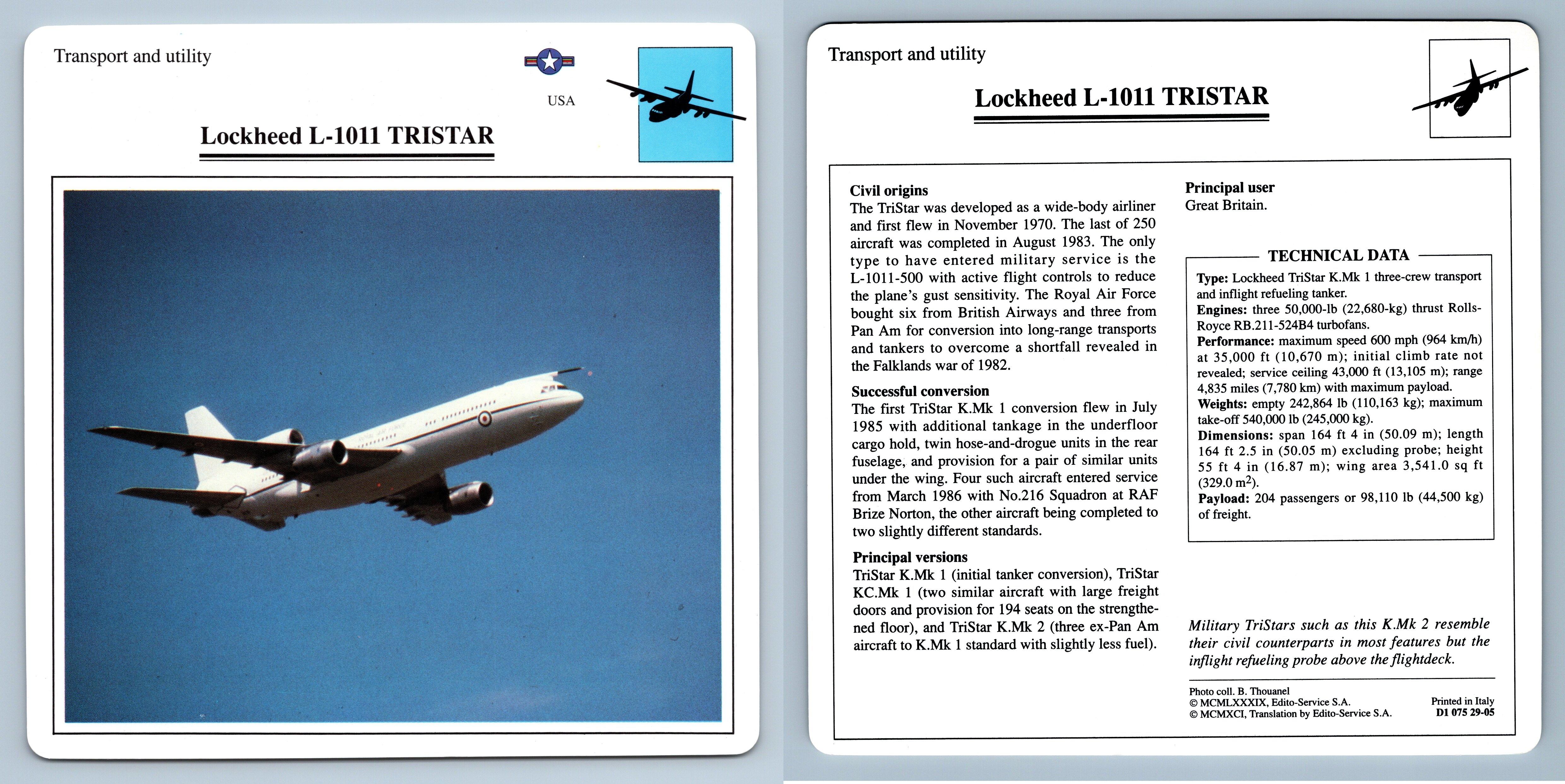 Lockheed L1011 Tristar Transport Warplanes Collectors Club Card
