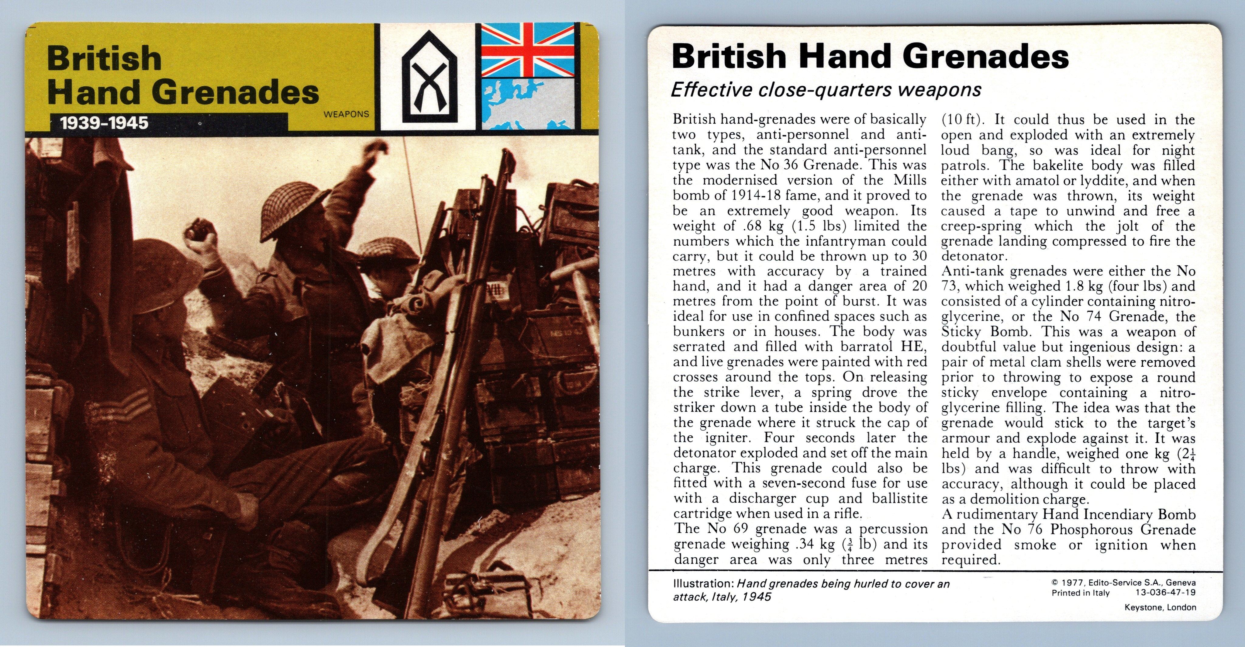 British Hand Grenades 193945 Weapons WW2 EditoService SA 1977 Card