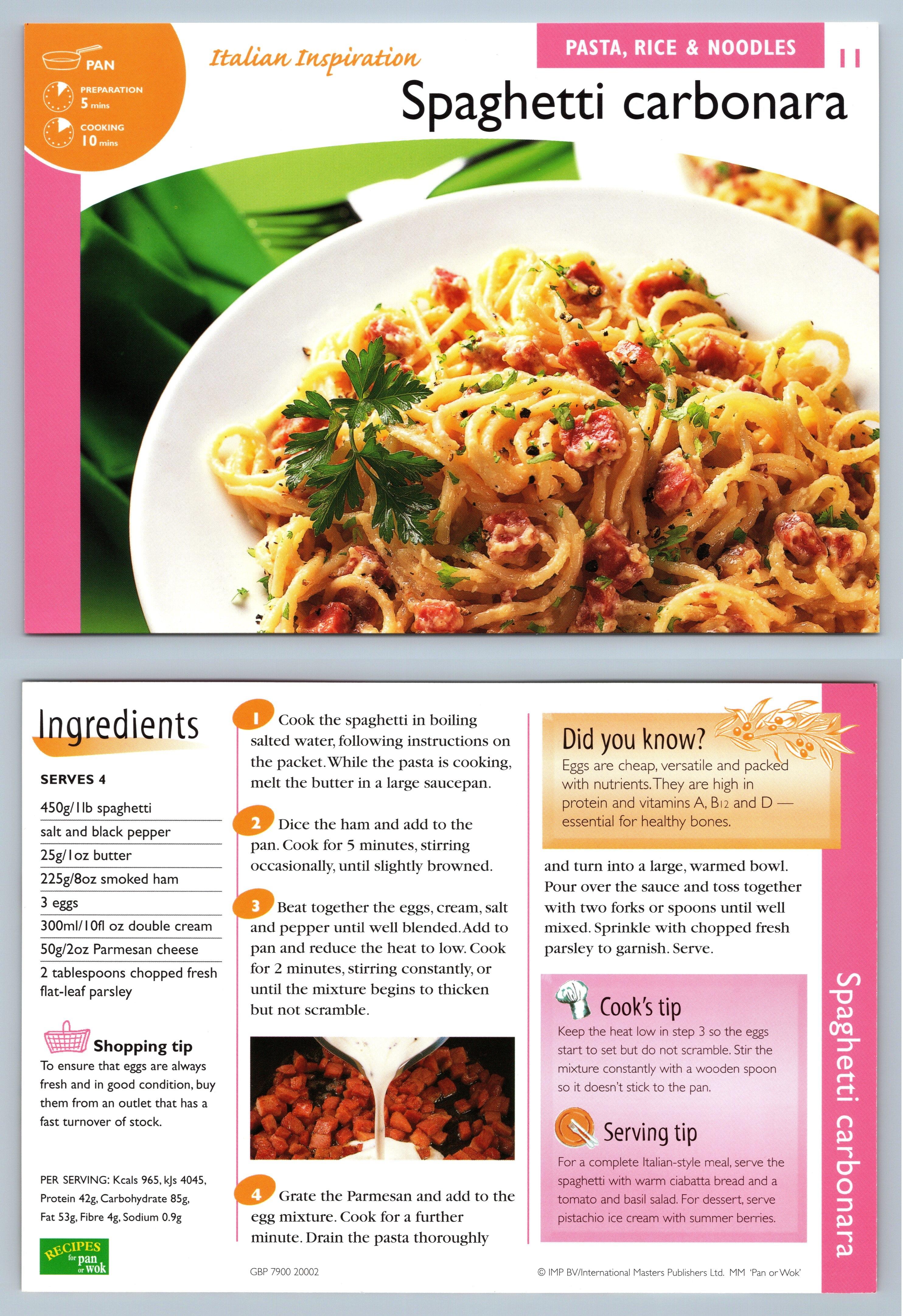 Spaghetti Carbonara #11 Pasta - Recipes For Pan Or Wok Imp Ltd Recipe Card