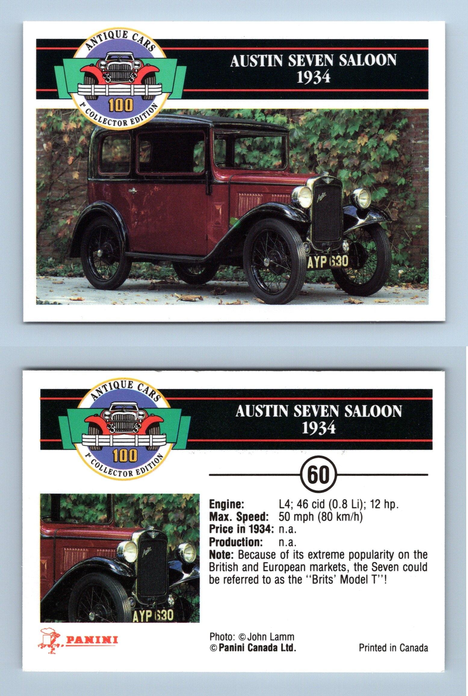 Austin Seven Saloon 1934 60 Antique Cars 1992 Panini Trading Card