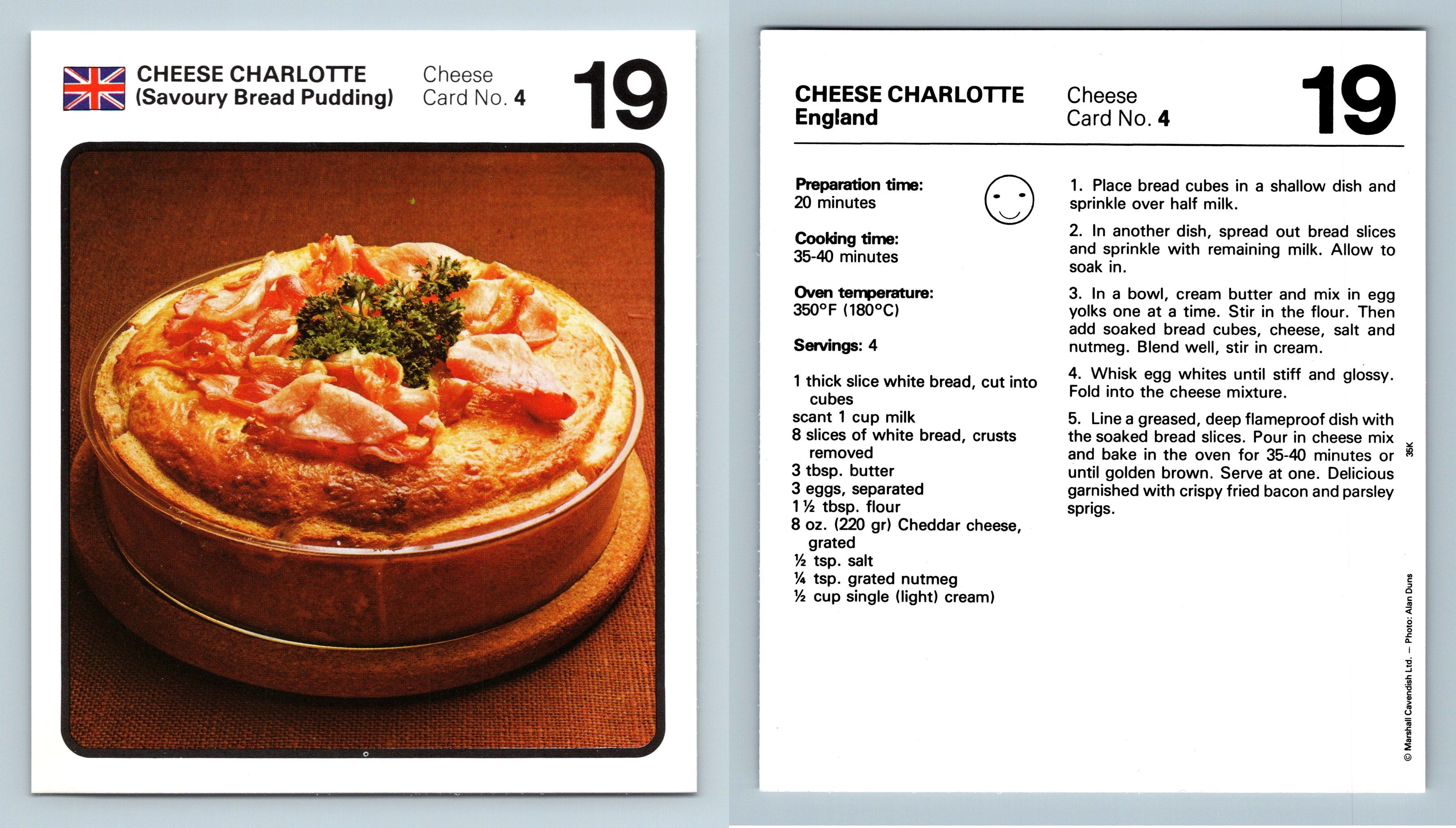 Cheese Charlotte 4 Cheese Marshall Cavendish Int. 1970's Recipe Card