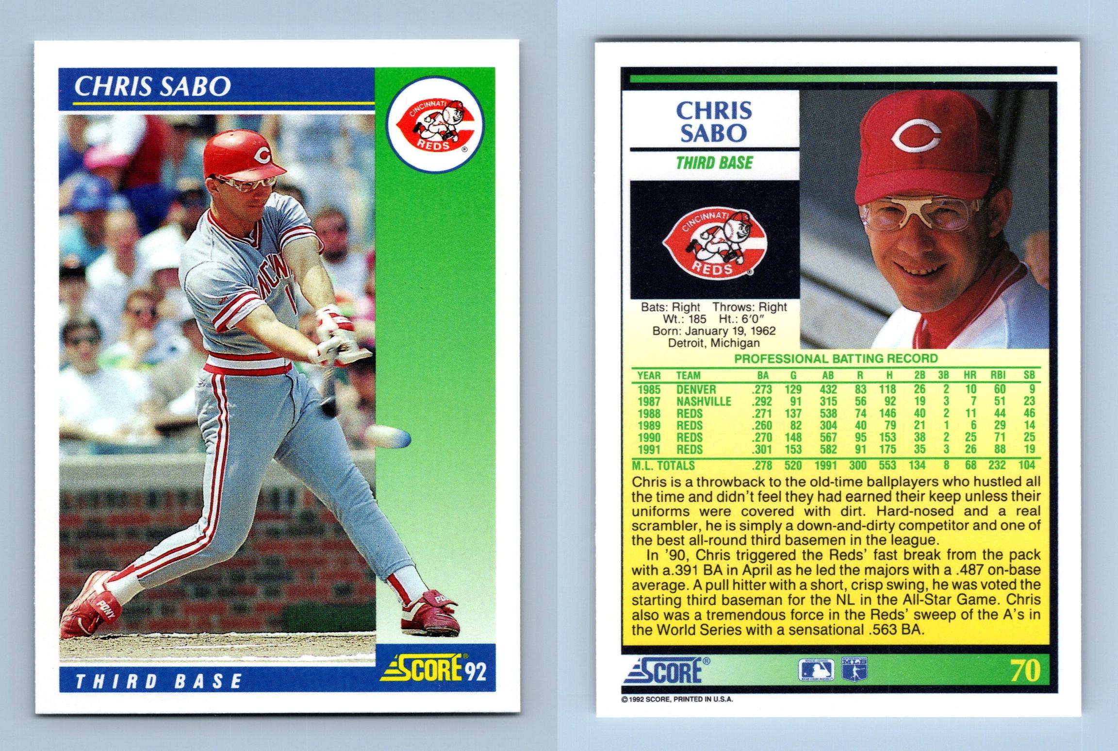 Chris Sabo - Reds - #70 Score 1992 Baseball Trading Card