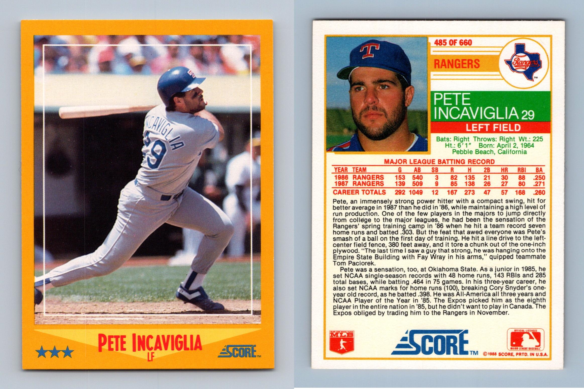Pete Incaviglia - Rangers #485 Score 1988 Baseball Trading Card