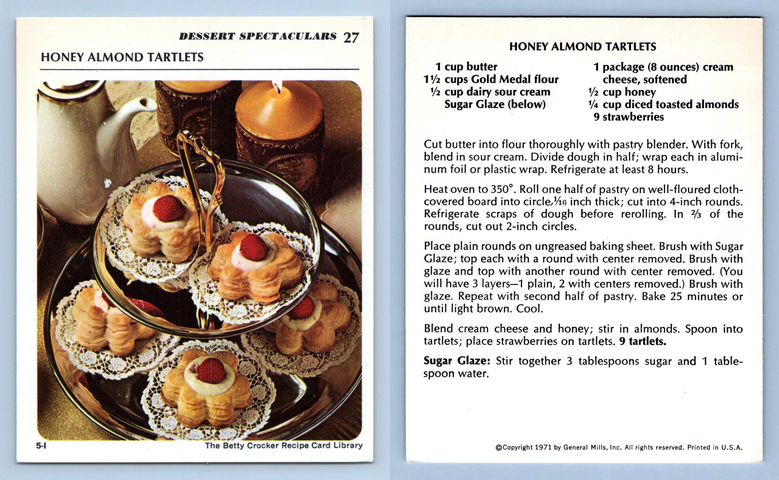 Honey Almond Tartlets 27 Dessert Betty Crocker 1971 Recipe Card