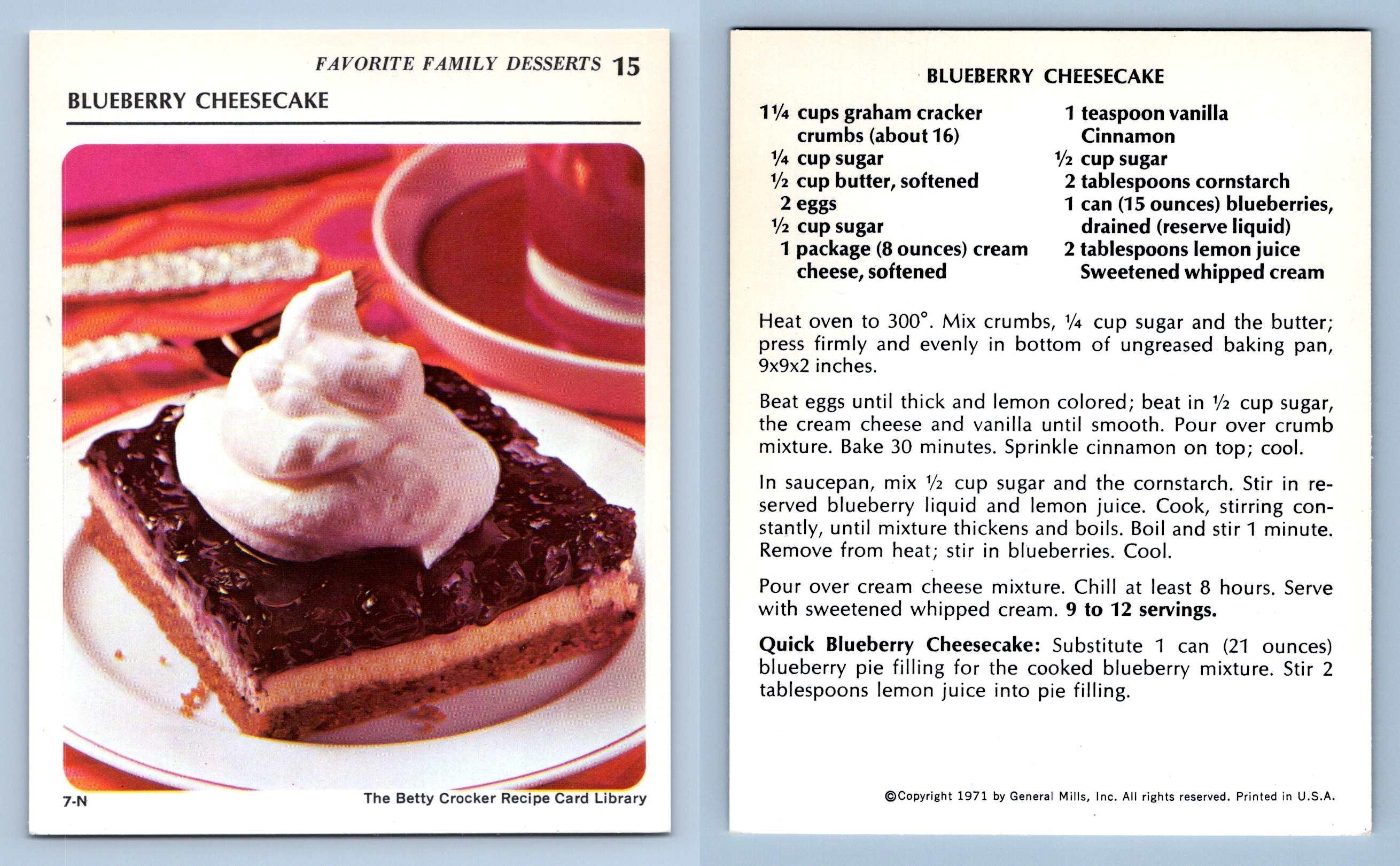 Blueberry Cheesecake 15 Desserts Betty Crocker 1971 Recipe Card