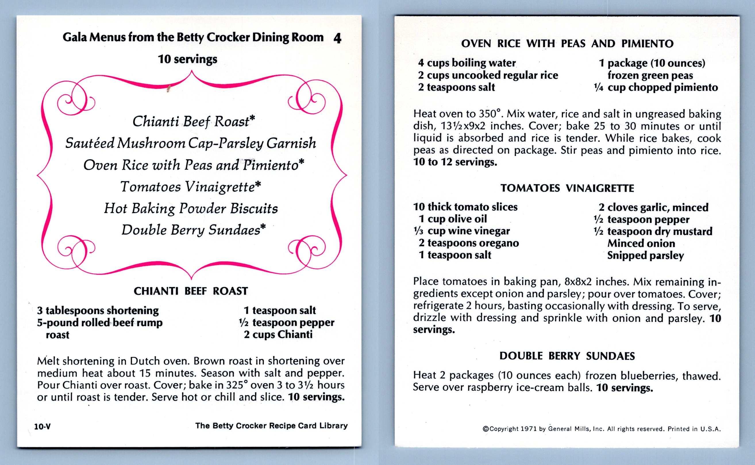Chianti Beef Roast 4 Gala Menus Betty Crocker 1971 Recipe Card
