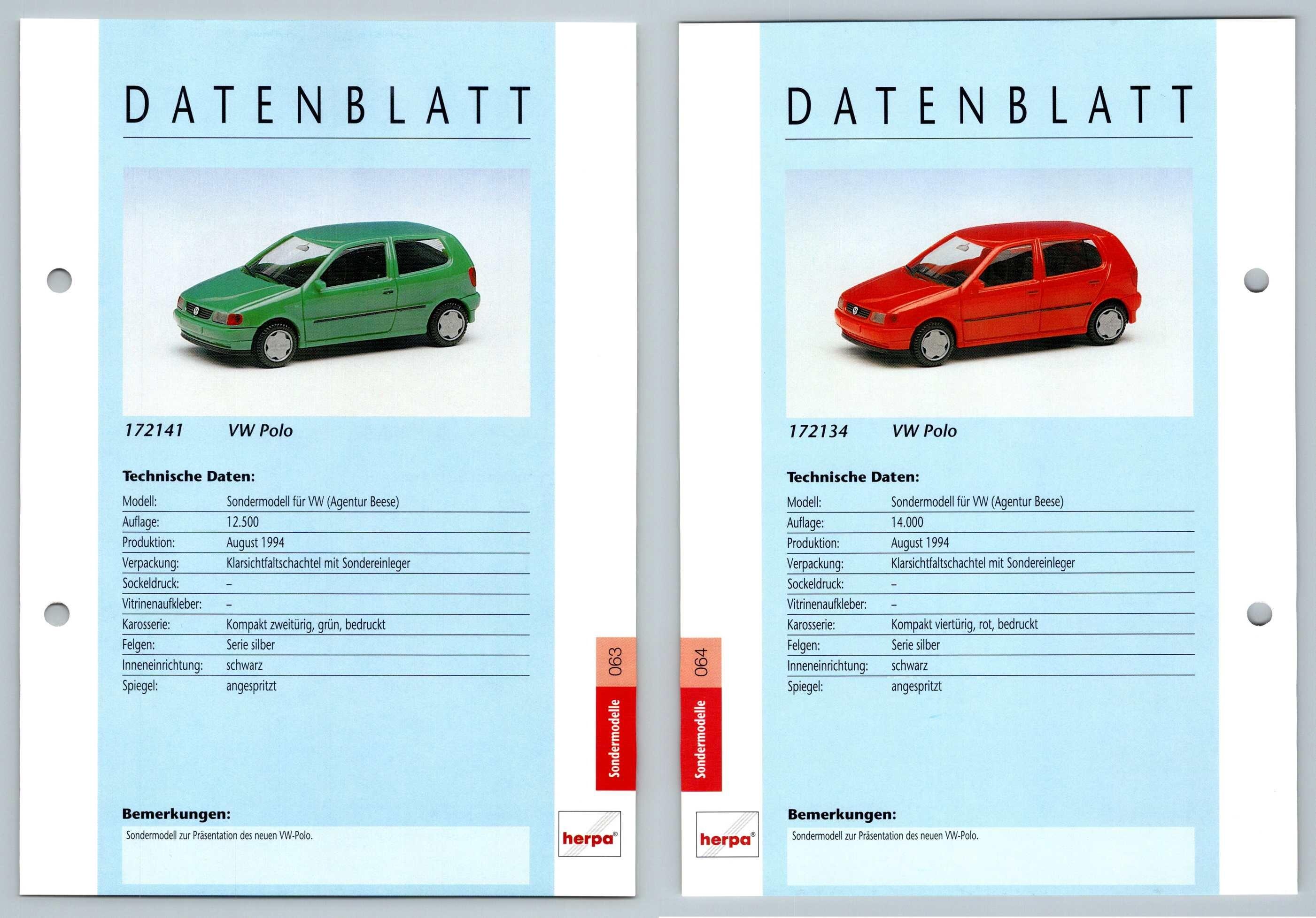 VW Golf VW Polo 63 64 Sondermodelle Datenblatt Herpa Data Sheet