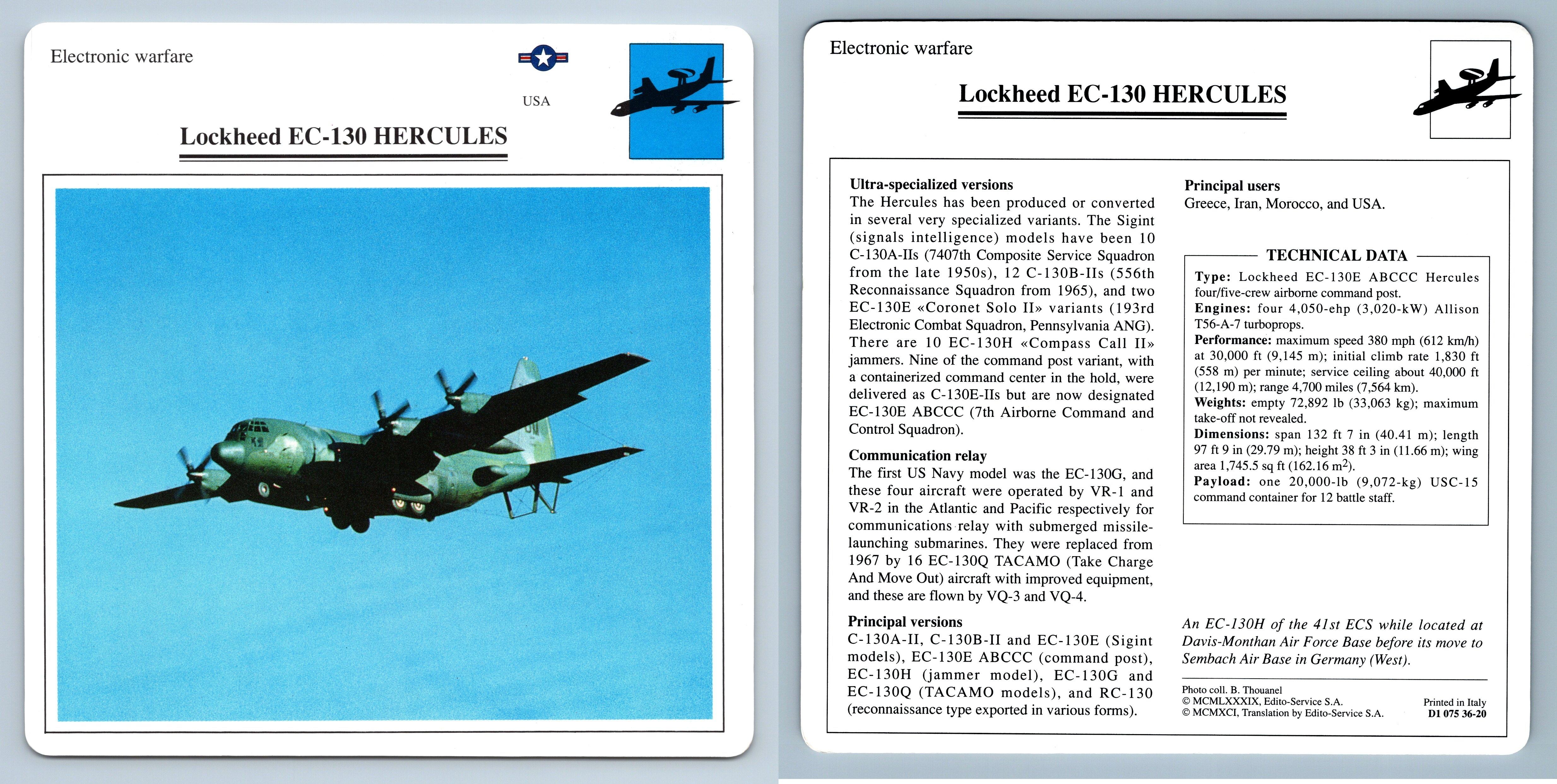 Lockheed EC130 Hercules Electronic Warplanes Collectors Club Card