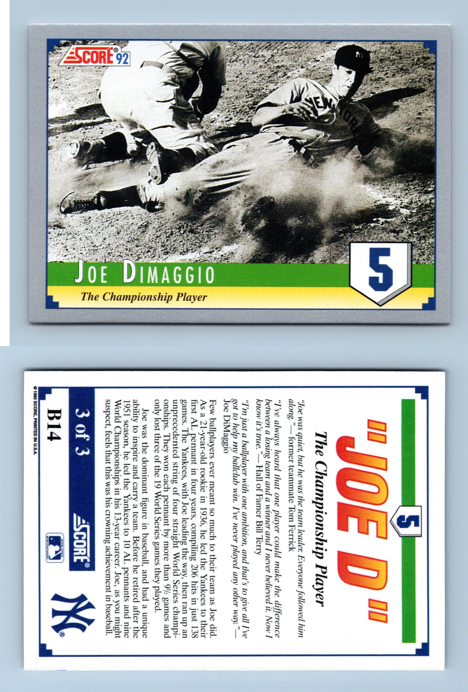 Joe Dimaggio #3 Of 3 #B14 Score 1992 Baseball Insert Card