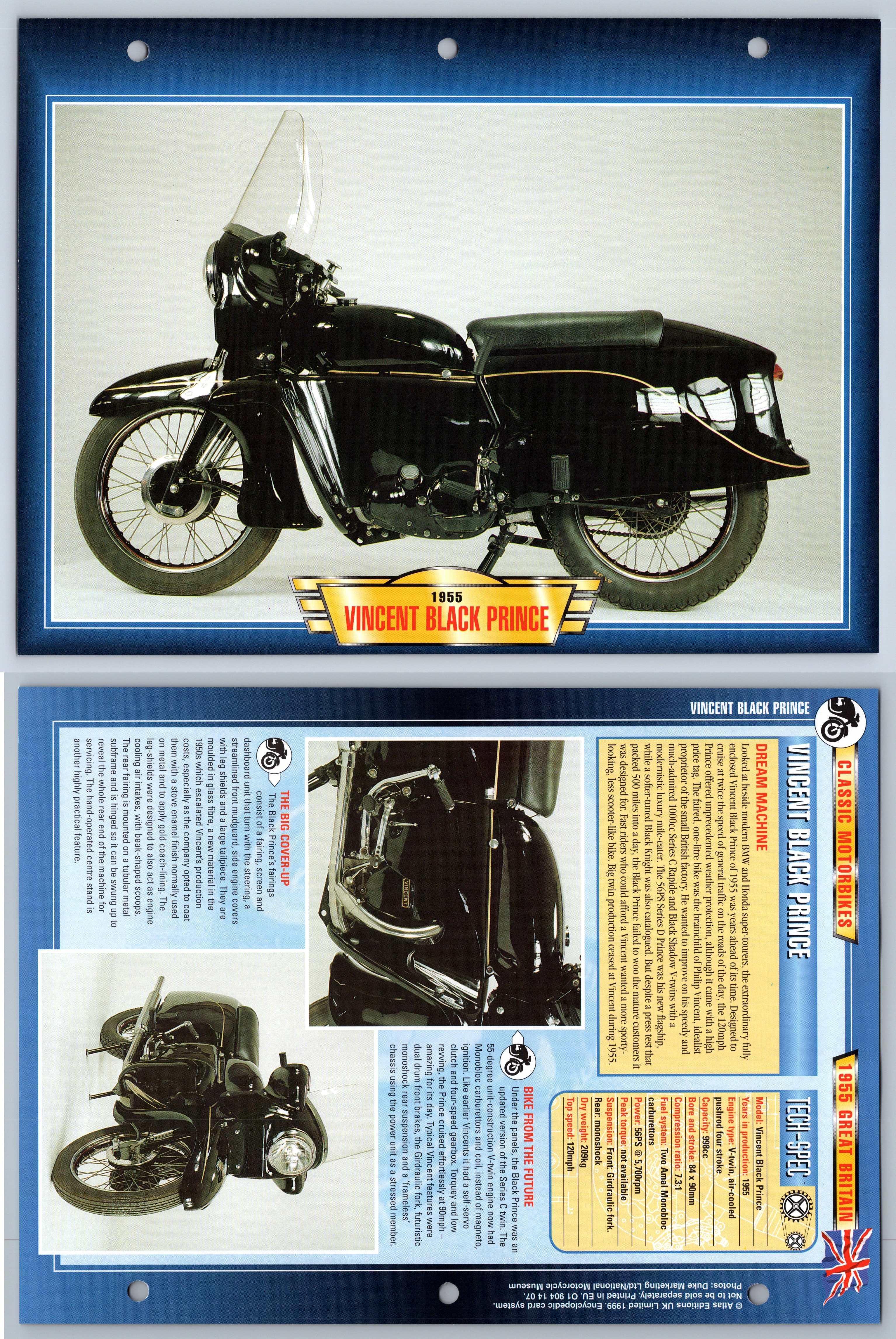 Vincent Black Prince 1955 Classic Atlas Motorbike Fact File Card