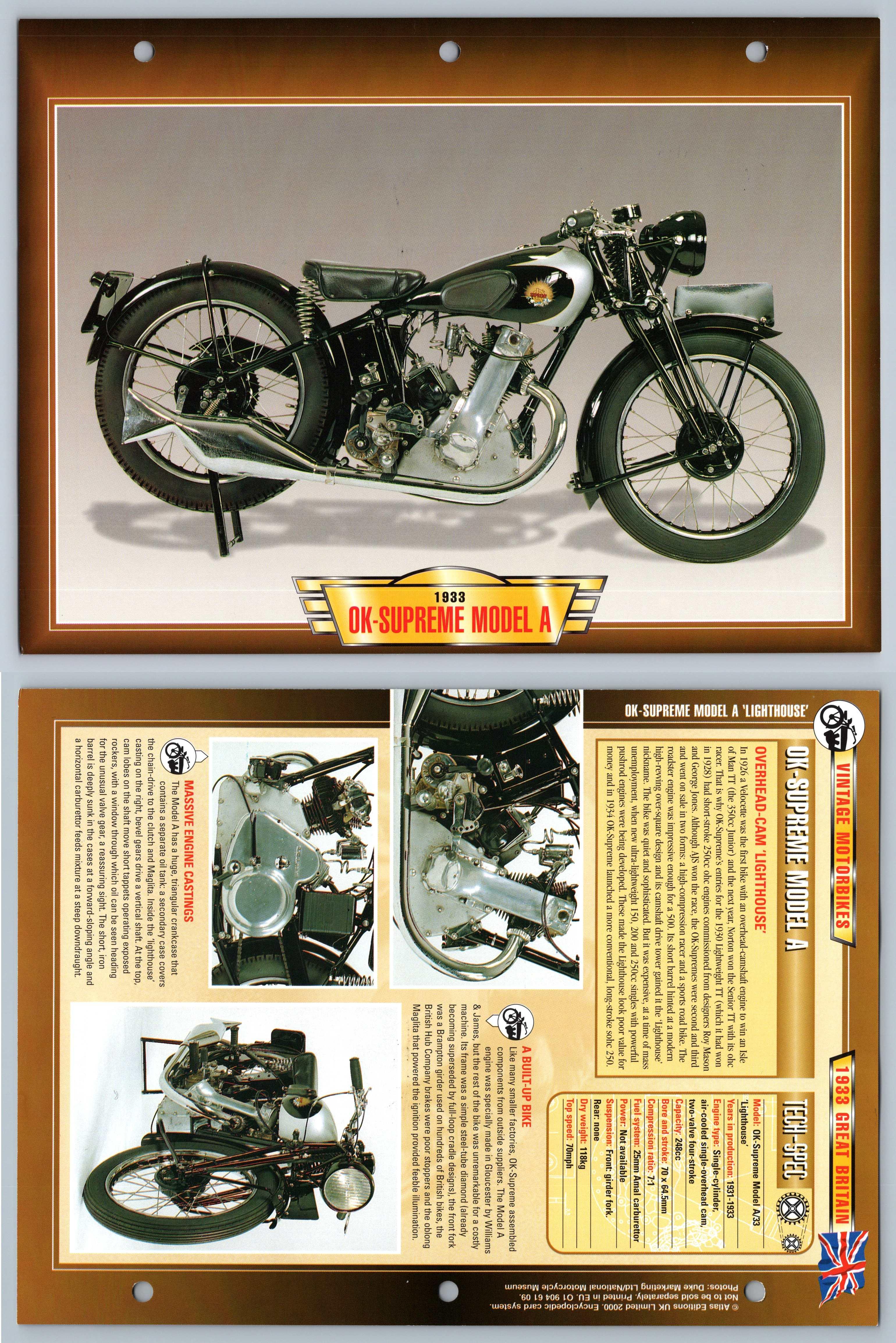 OK Supreme Model A 1933 Vintage Atlas Motorbike Fact File Card